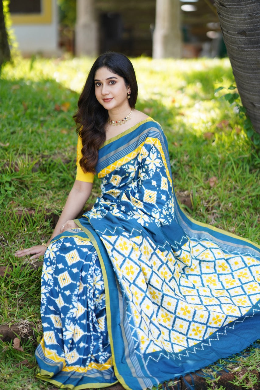 Brand Exclusive Indigo and Yellow Double Telia Rumal Ikkat Silk Saree inspired from Museum Archives