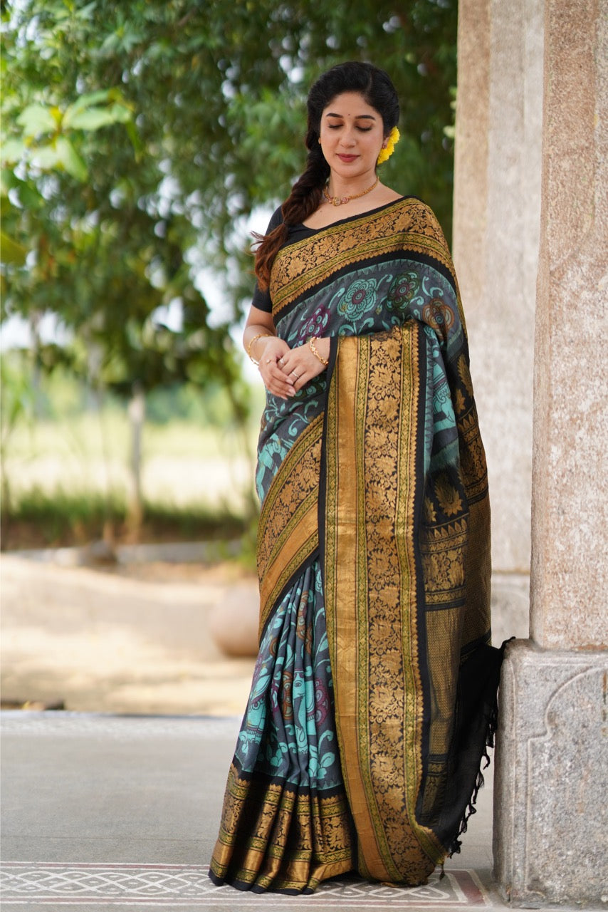 Blue Handdrawn and handpainted penkalamkari on Gadwal silk