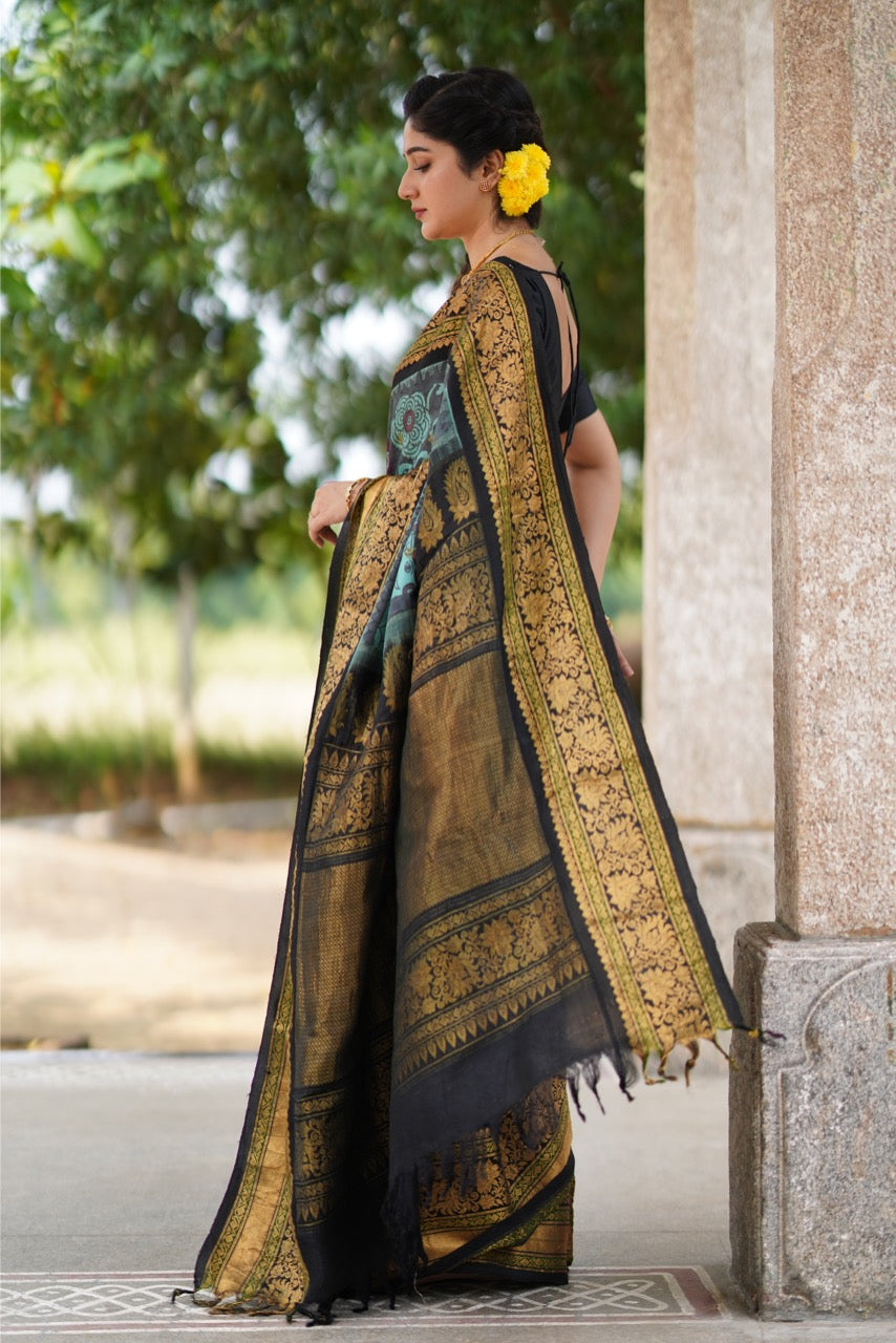 Blue Handdrawn and handpainted penkalamkari on Gadwal silk