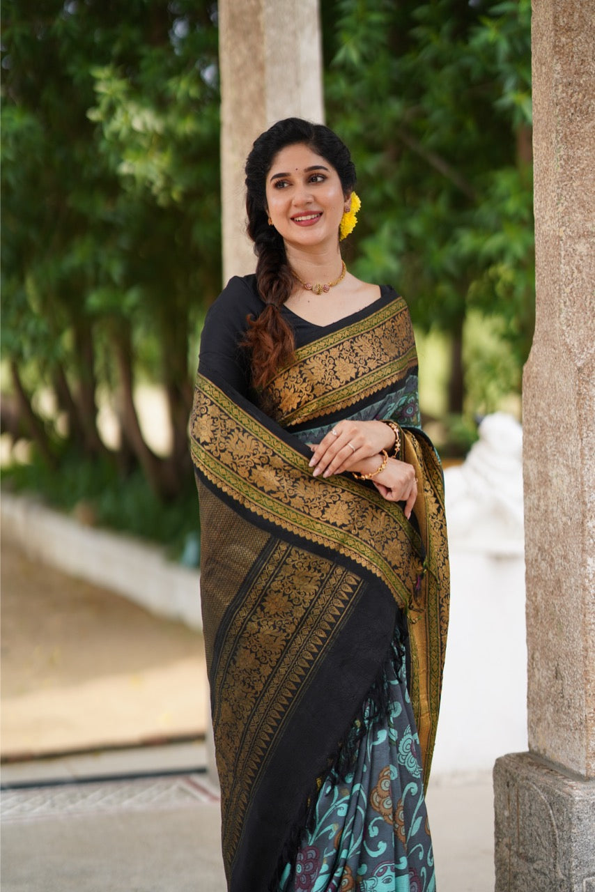 Blue Handdrawn and handpainted penkalamkari on Gadwal silk