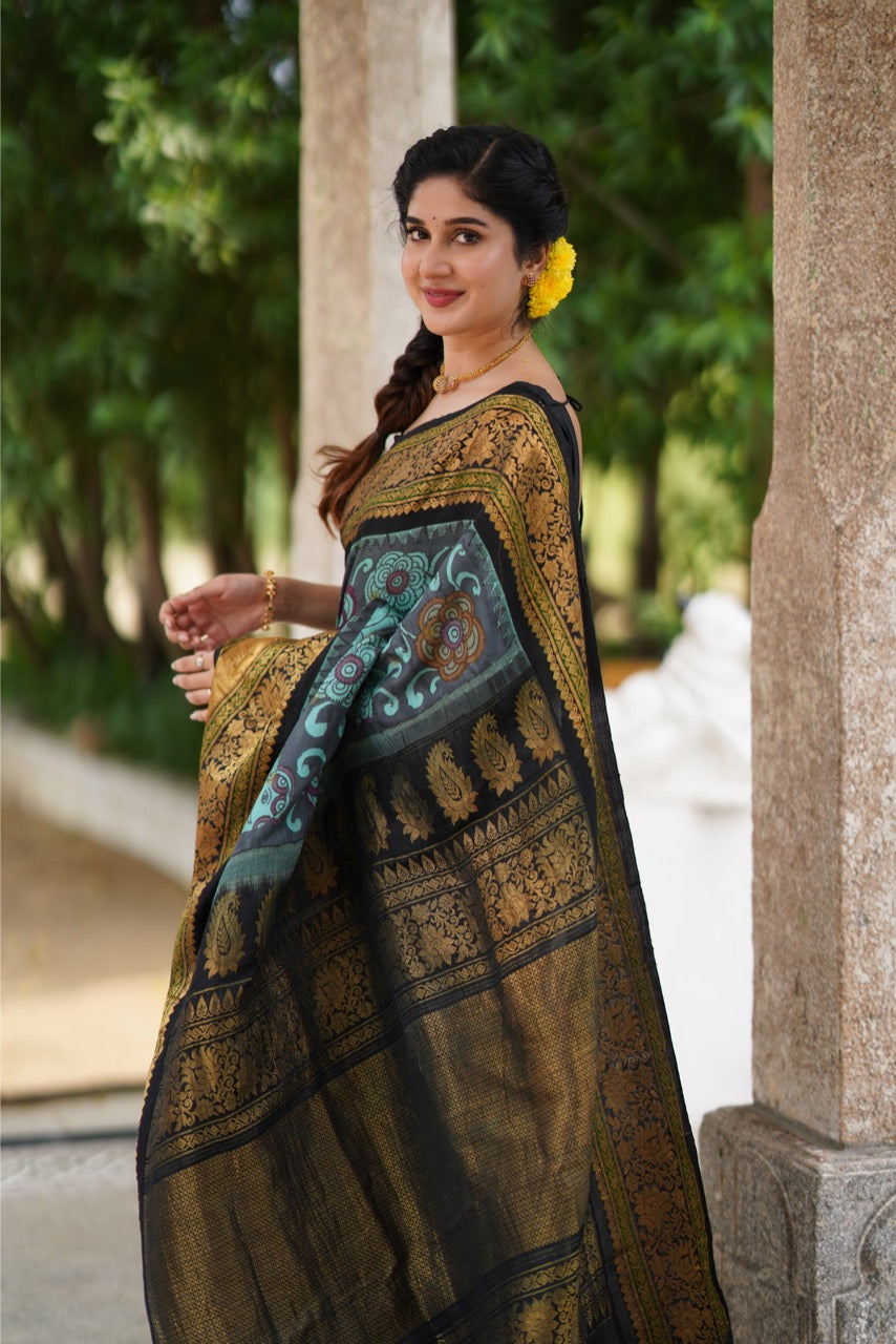 Blue Handdrawn and handpainted penkalamkari on Gadwal silk