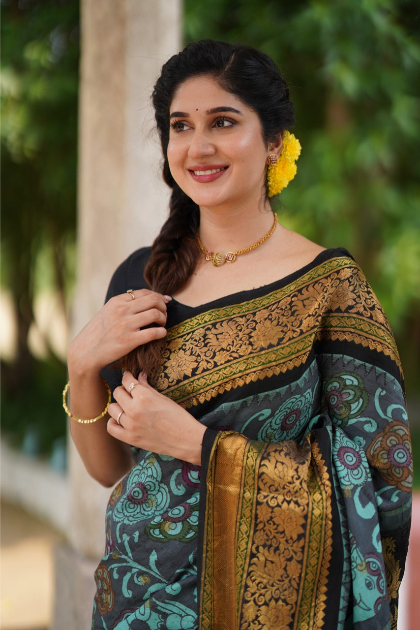 Blue Handdrawn and handpainted penkalamkari on Gadwal silk
