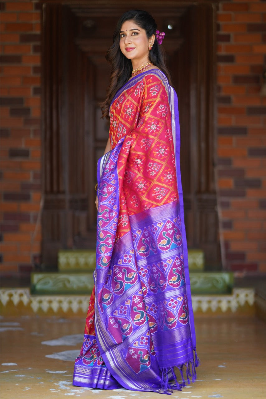 A Brand Exclusive Manual Tapestry Weave Silk Ikkat Saree