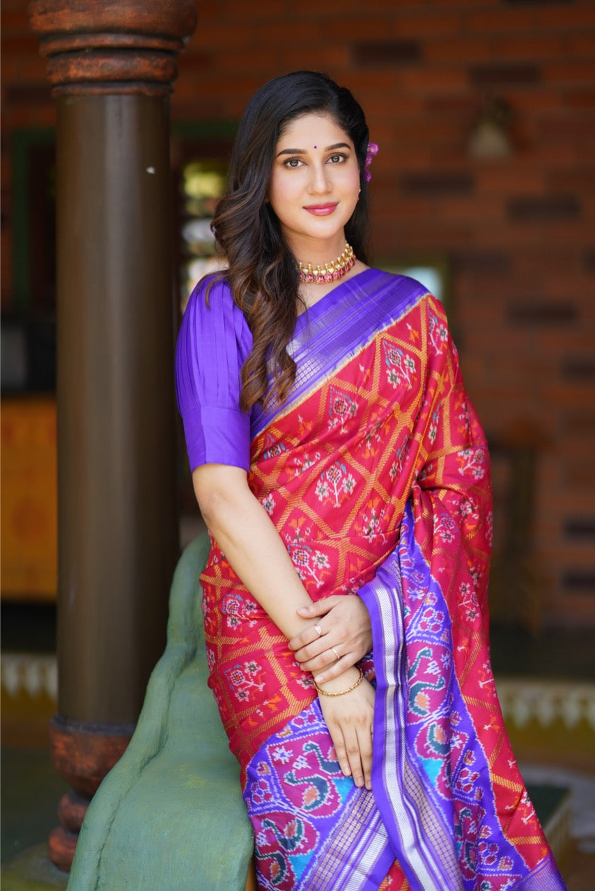 A Brand Exclusive Manual Tapestry Weave Silk Ikkat Saree