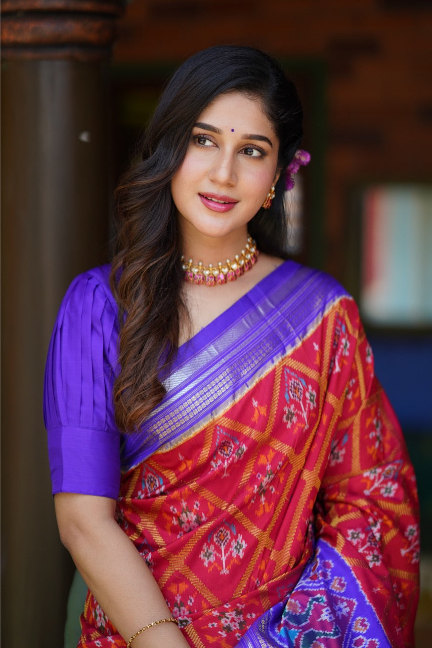A Brand Exclusive Manual Tapestry Weave Silk Ikkat Saree