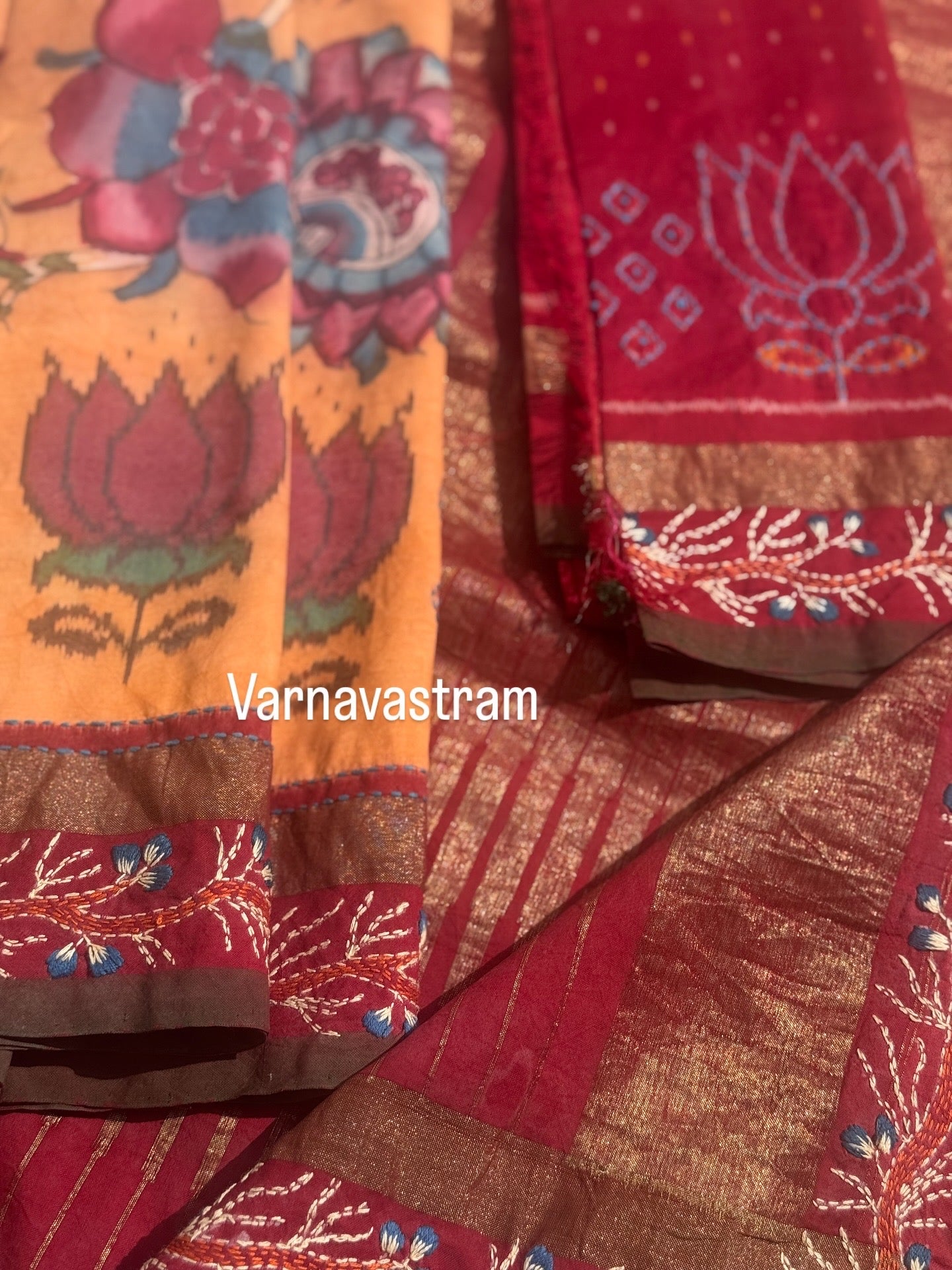 For Pranusha - A handmade Katha work on tree of life penkalamkari on handwoven ikkat silk