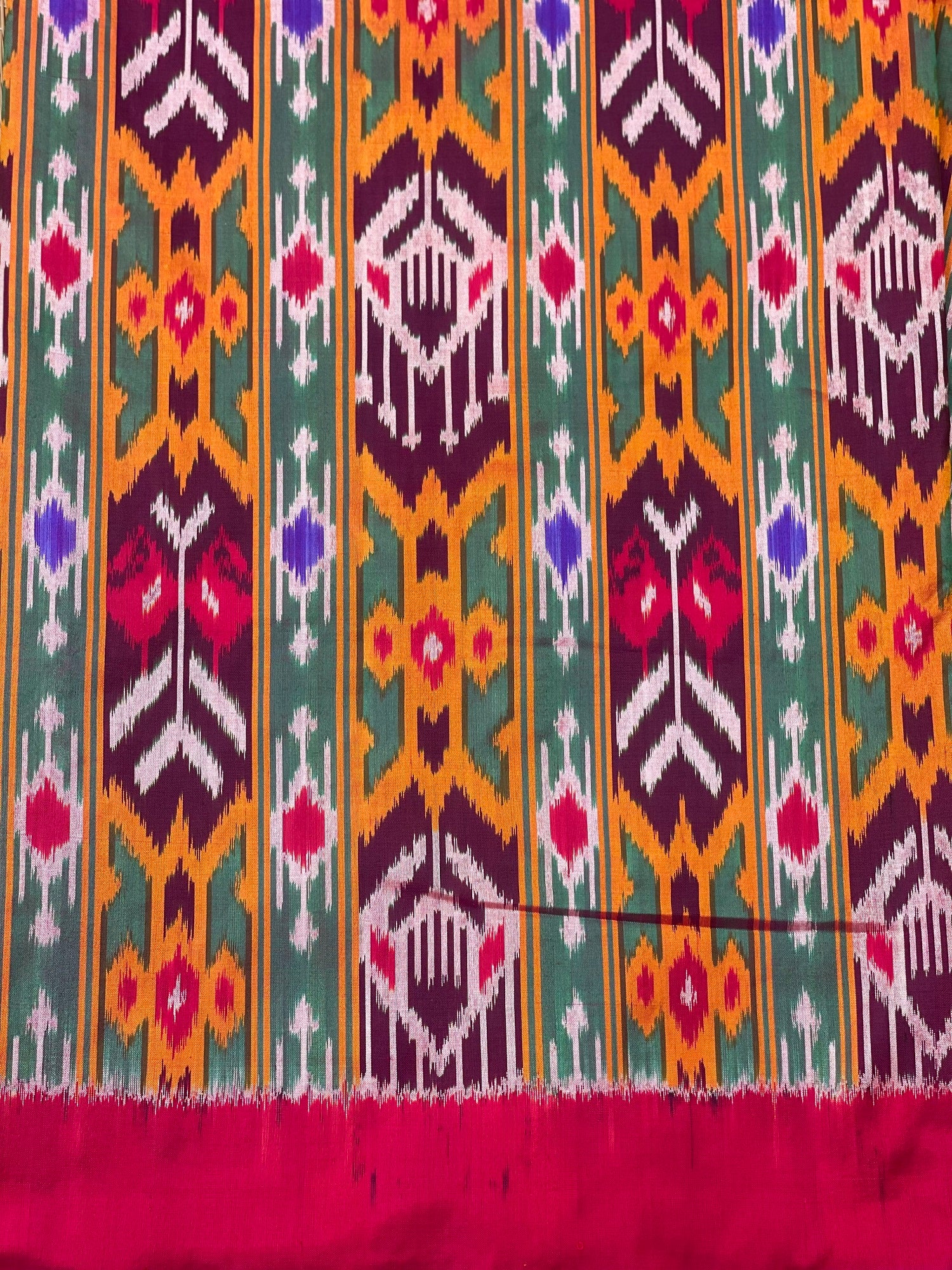 Multicoloured Pure mulberry silk Uzbek motifs inspired tie dyed ikkat fabric available as yardages