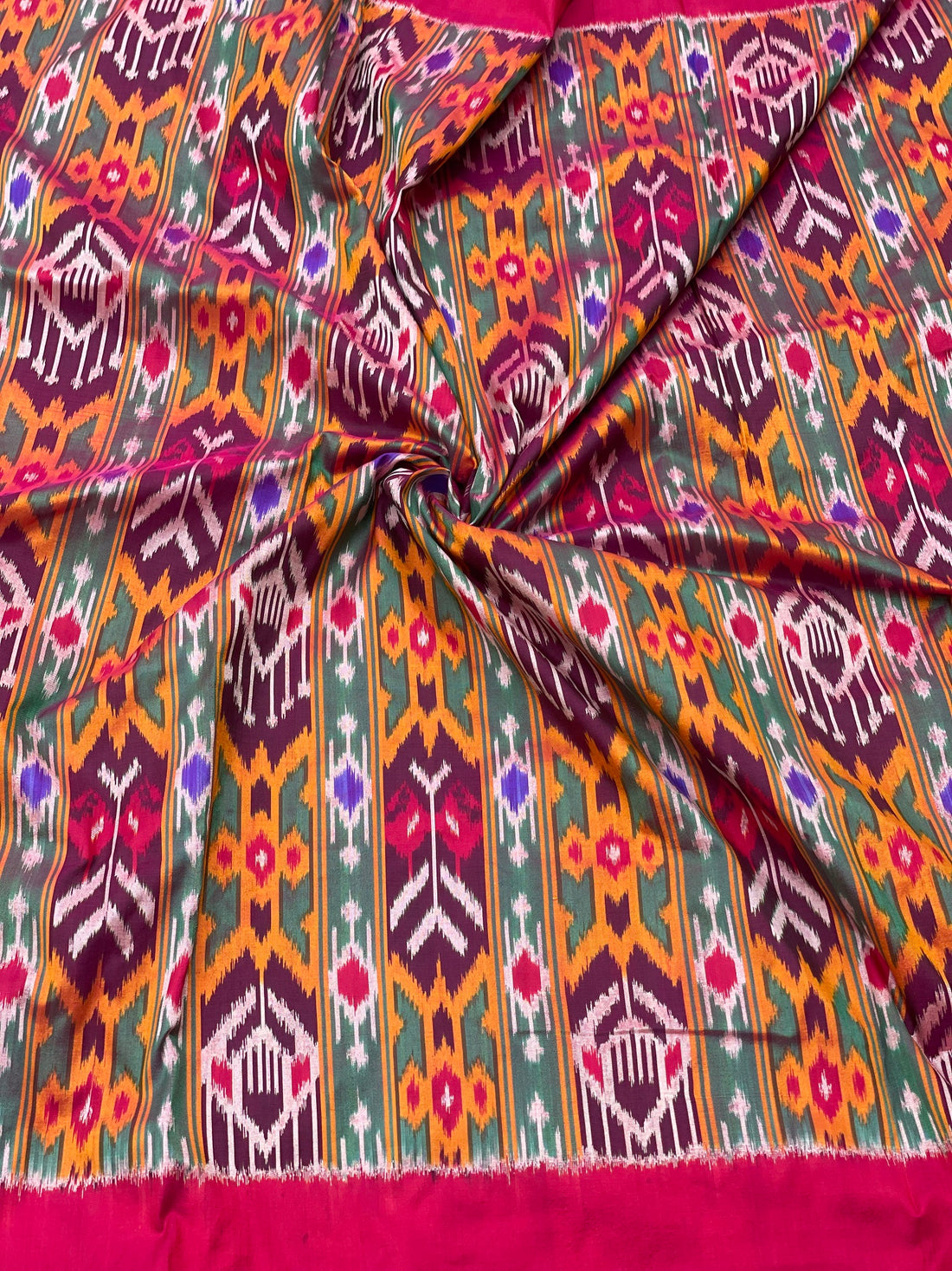 Multicoloured Pure mulberry silk Uzbek motifs inspired tie dyed ikkat fabric available as yardages
