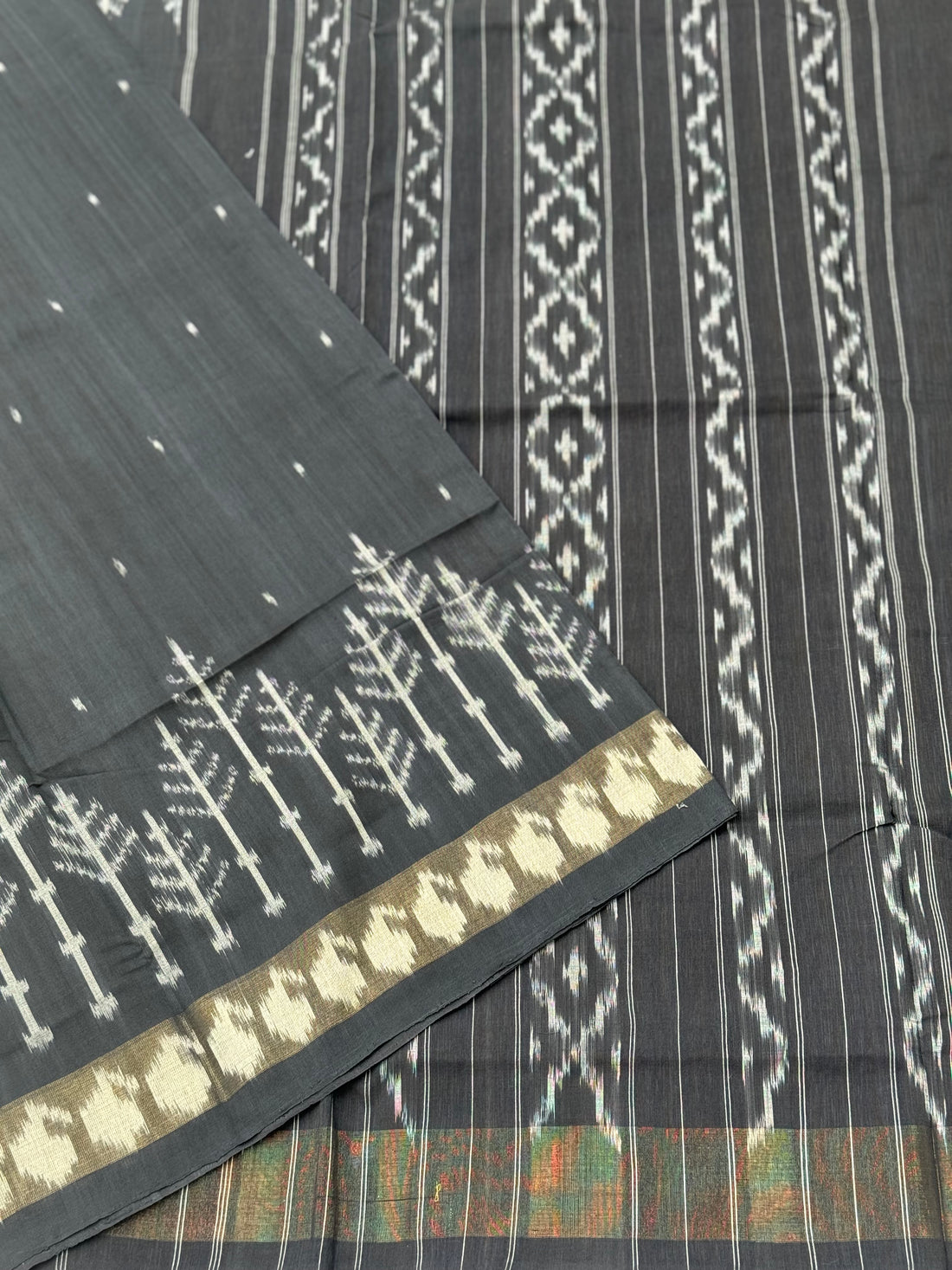 Black zari border handwoven weft single ikkat cotton saree