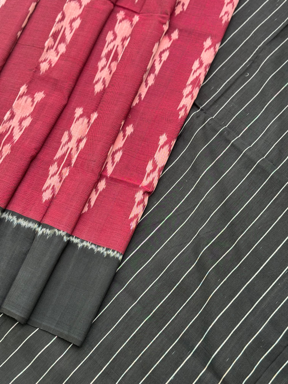 Deep plum red Uzbek motifs single ikkat cotton saree