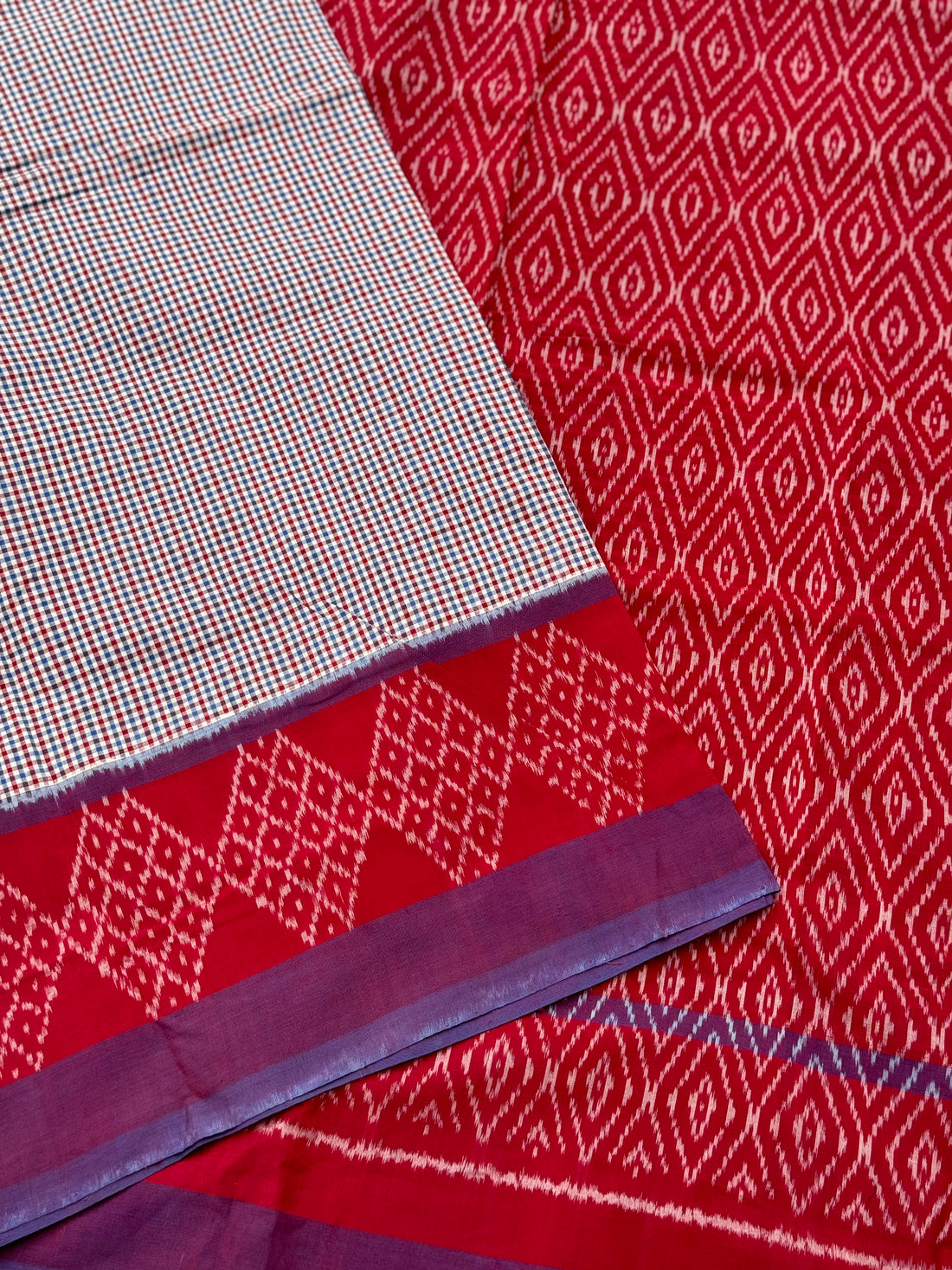 Purple with red checks handwoven weft single ikkat cotton saree