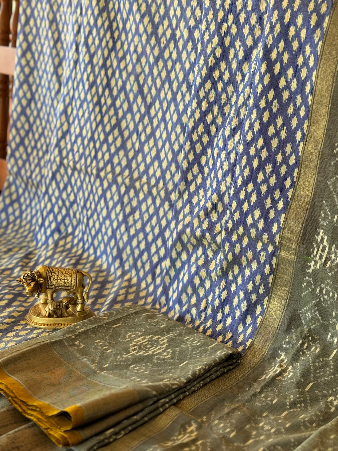 Handwoven tie dyed powder blue with grey contemporary polka dots raw silk ikkat saree