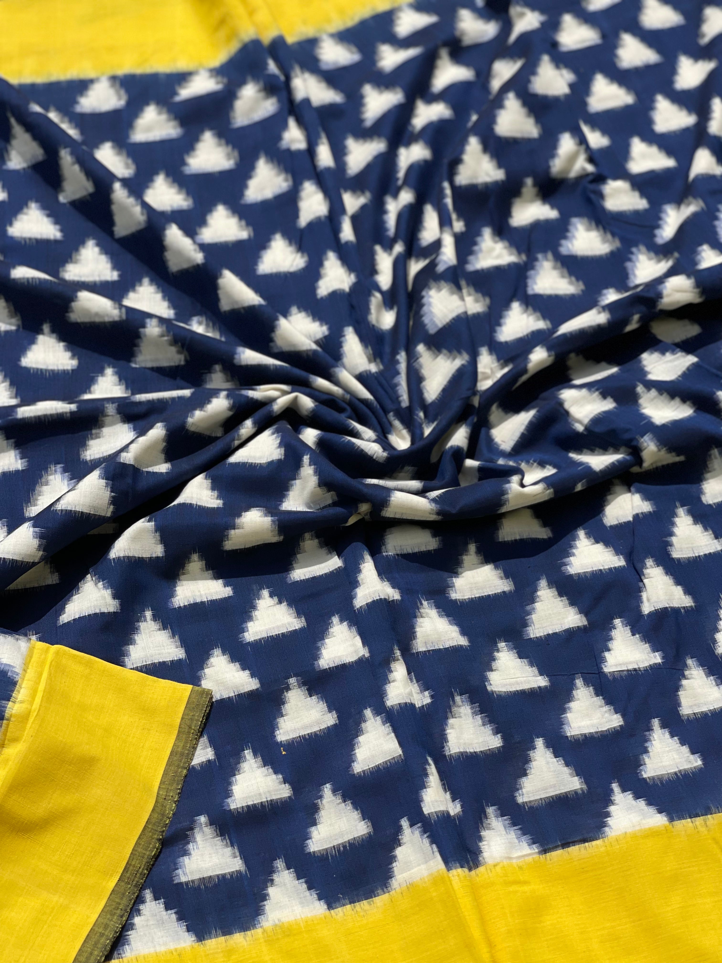 Yellow with Blue Double ikkat Cotton saree