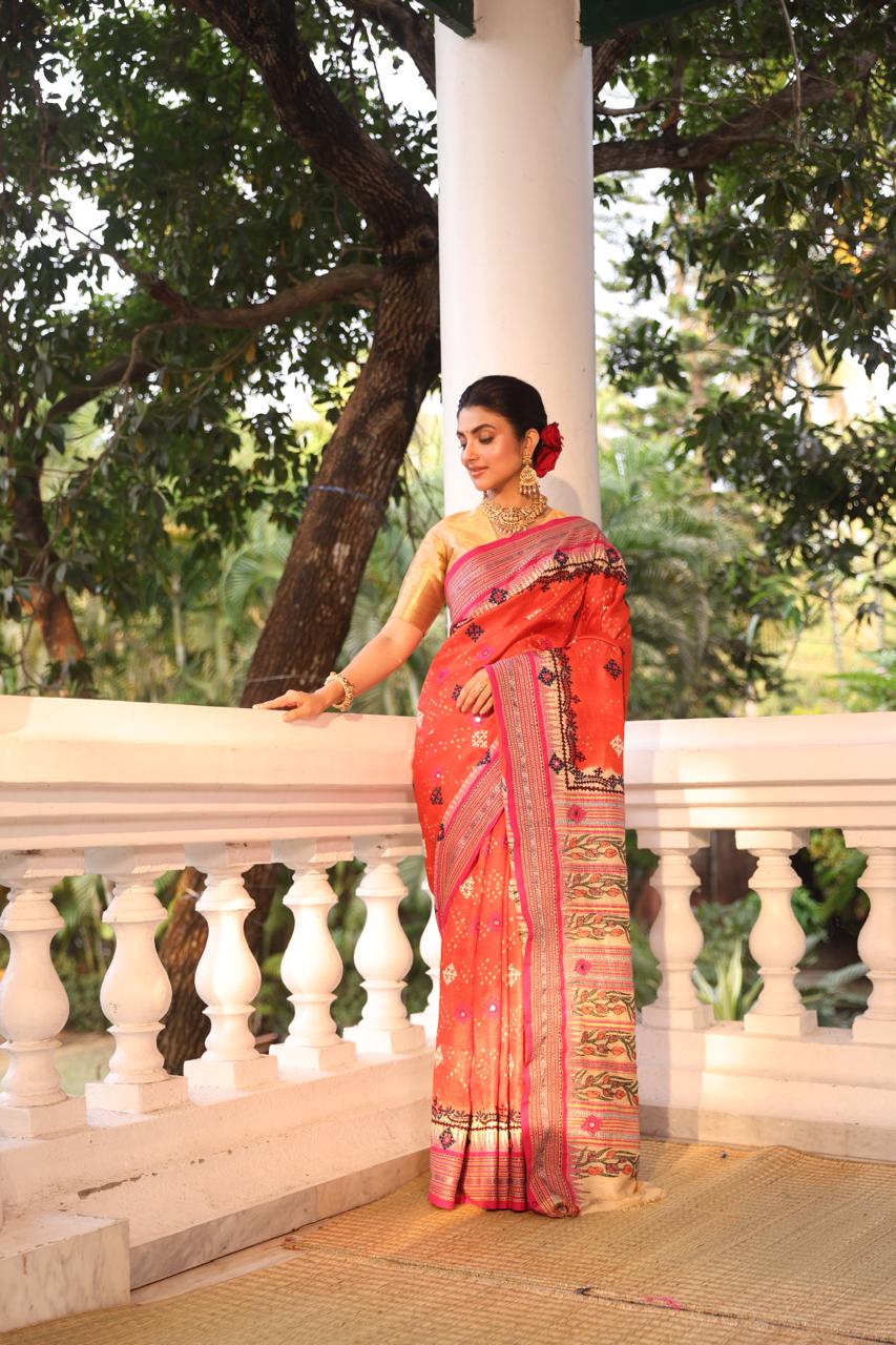 Vidharbha tussar silk saree with handknotted Bhandej and kutch mirror work