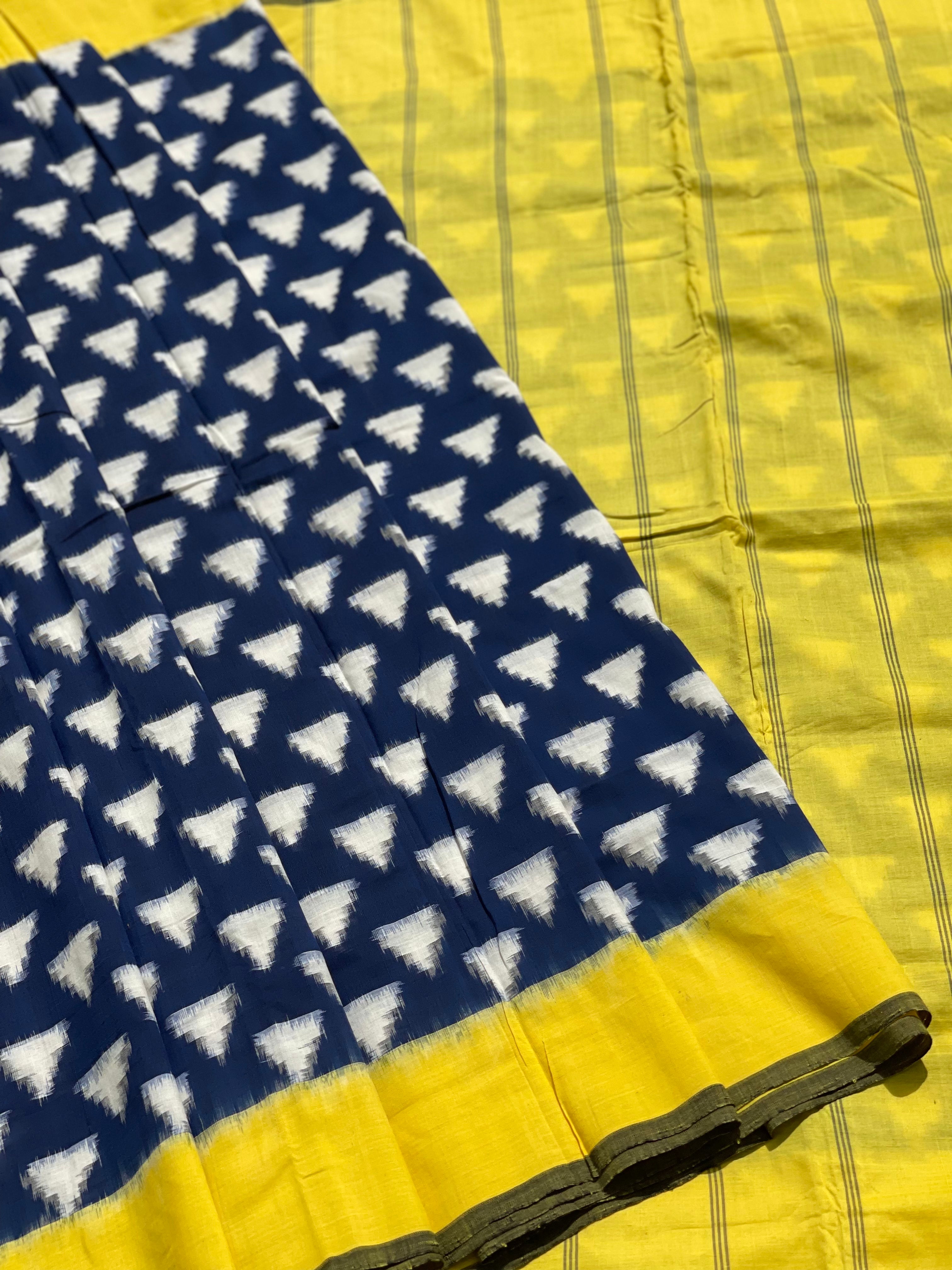Yellow with Blue Double ikkat Cotton saree