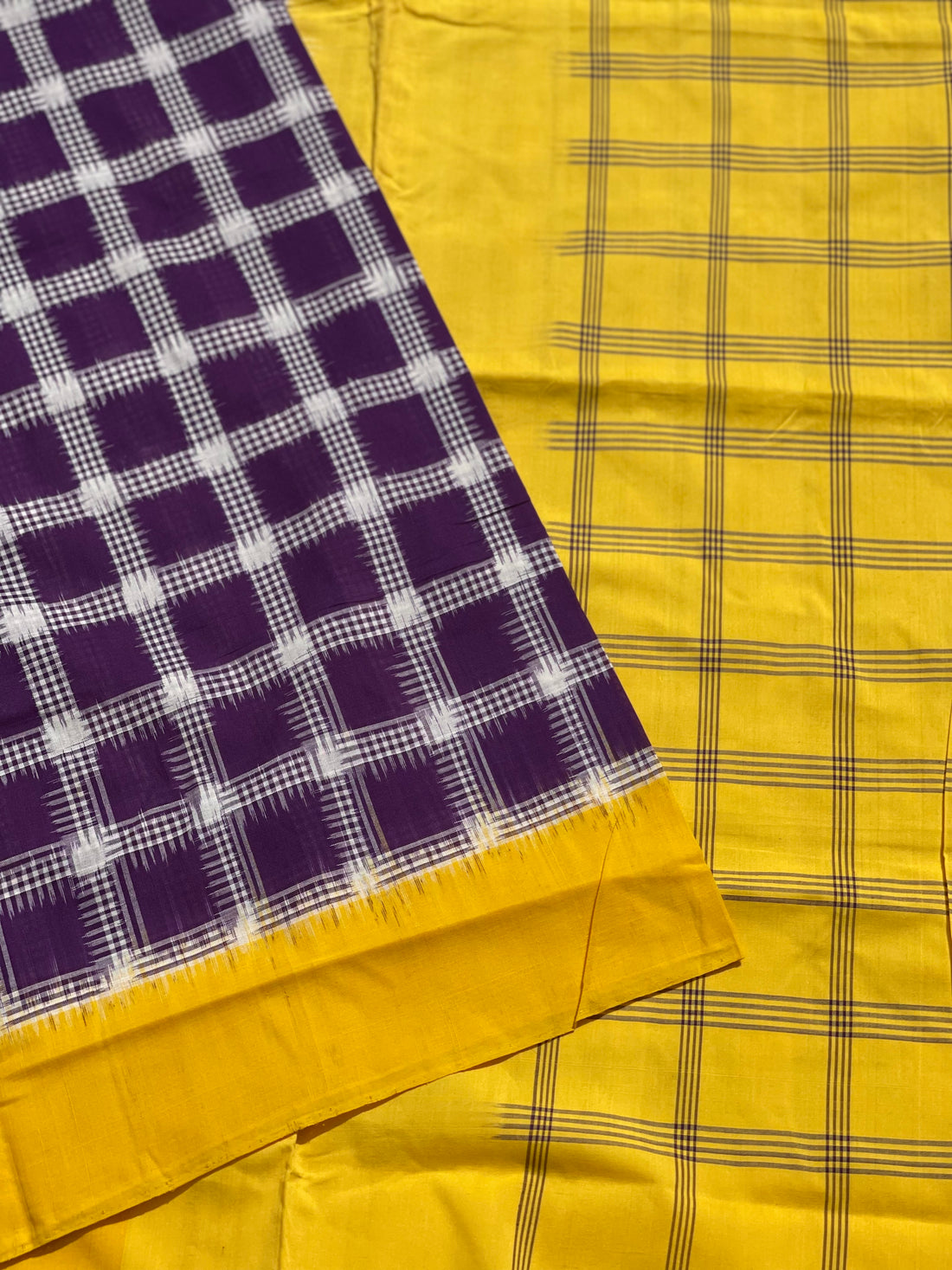 Beautiful double ikkat checkered cotton Saree in purple and Yellow