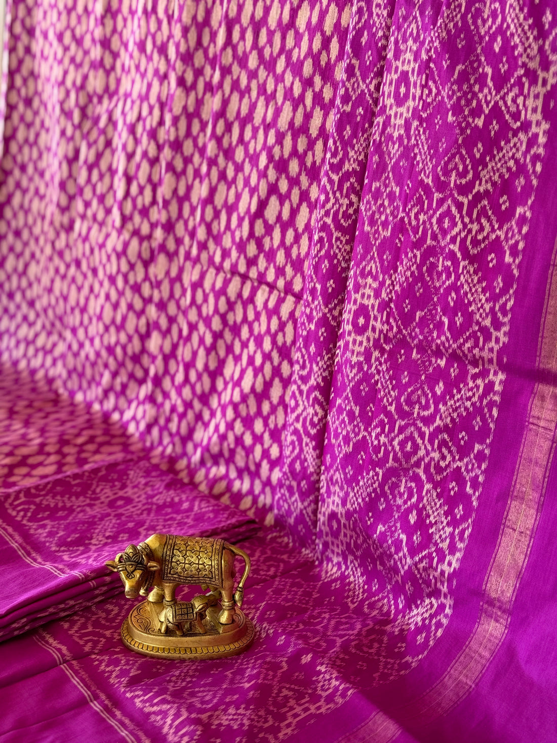 Handwoven tie dyed amaranth pink polka dots raw silk ikkat saree
