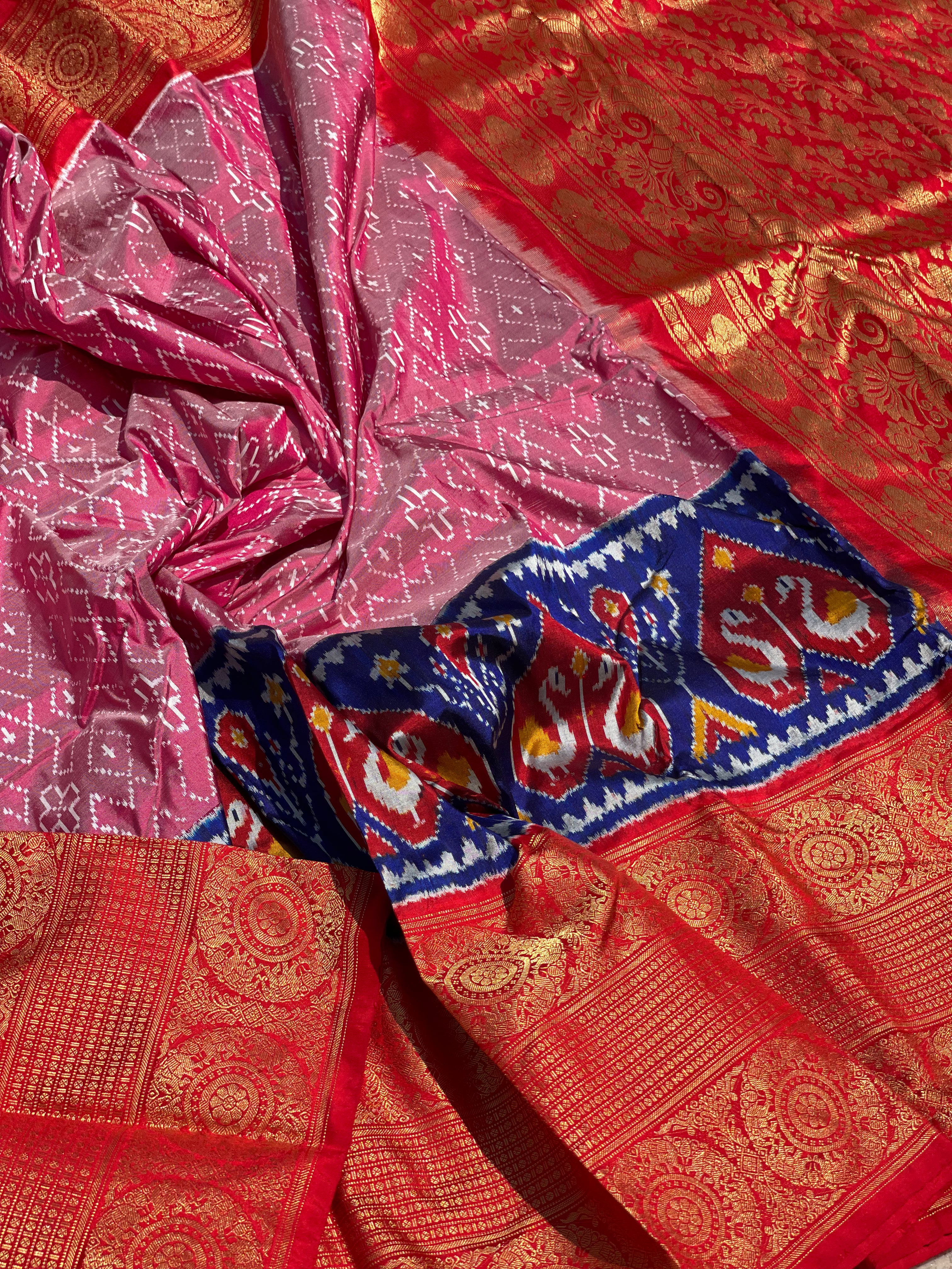 Handwoven Twill Ikkat Kanchivaram border saree