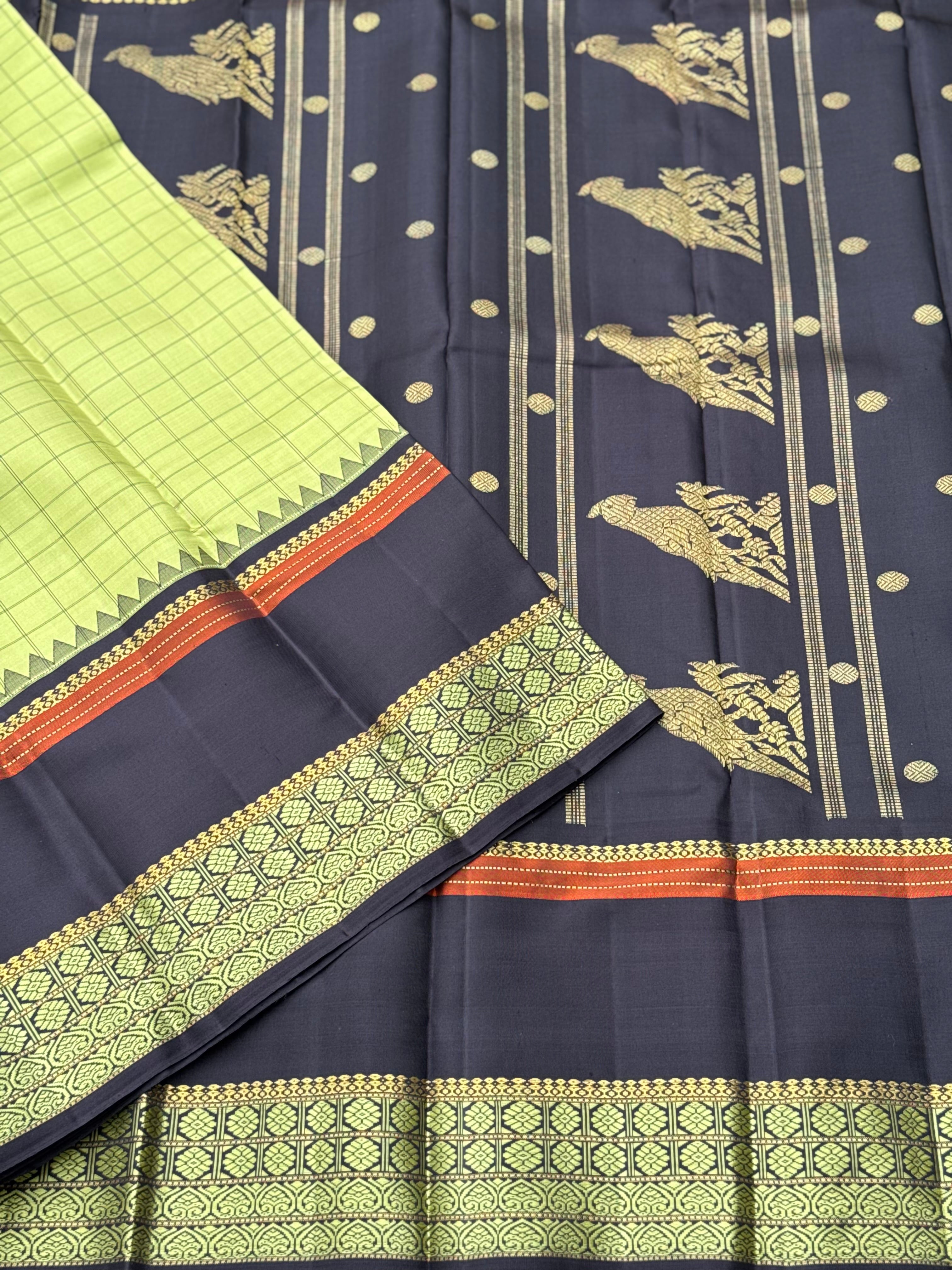 Aesthetic vintage revival kutrala kuravanji Kanchivaram silk saree in pastel green with deep brown