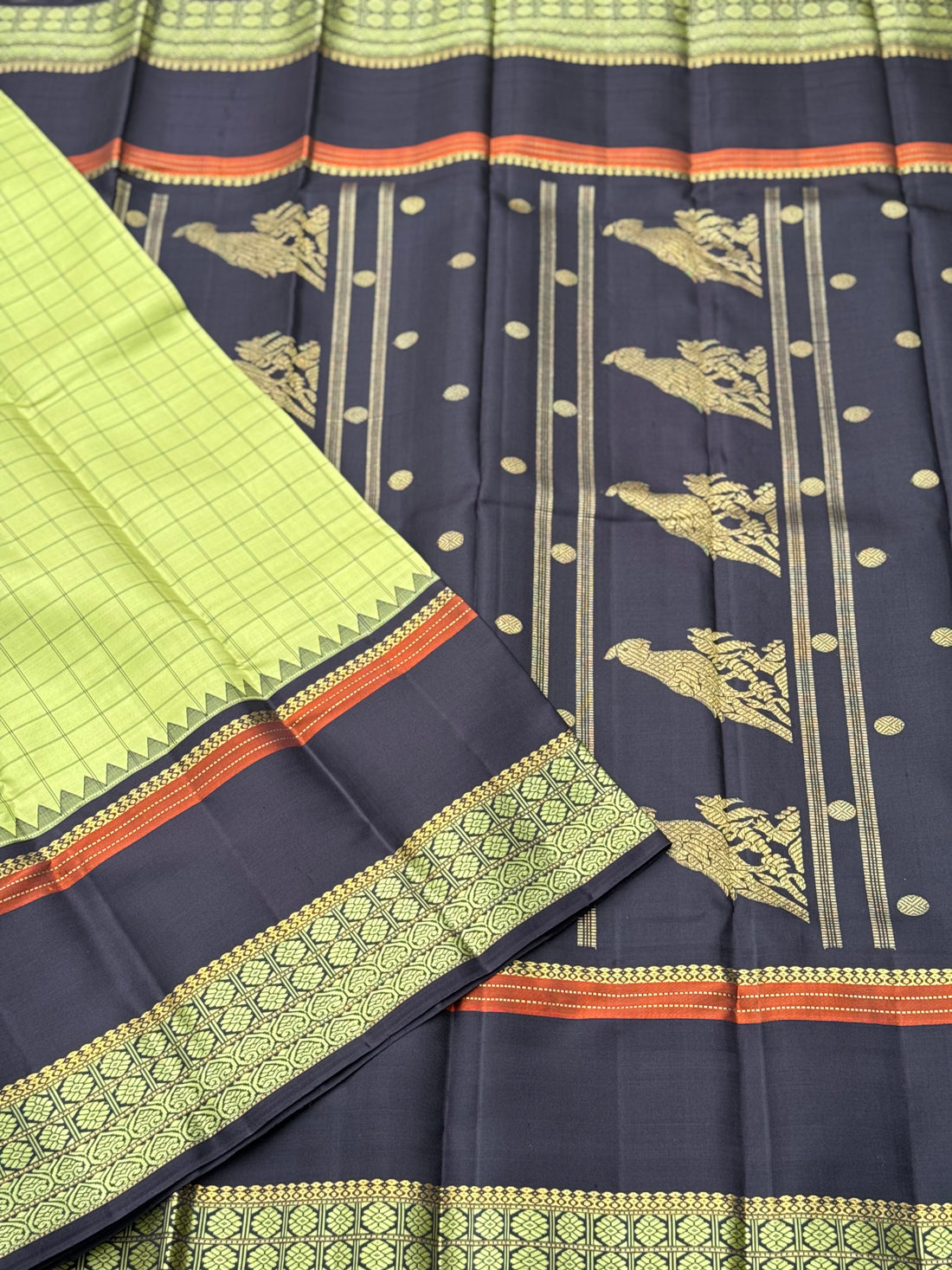 Aesthetic vintage revival kutrala kuravanji Kanchivaram silk saree in pastel green with deep brown