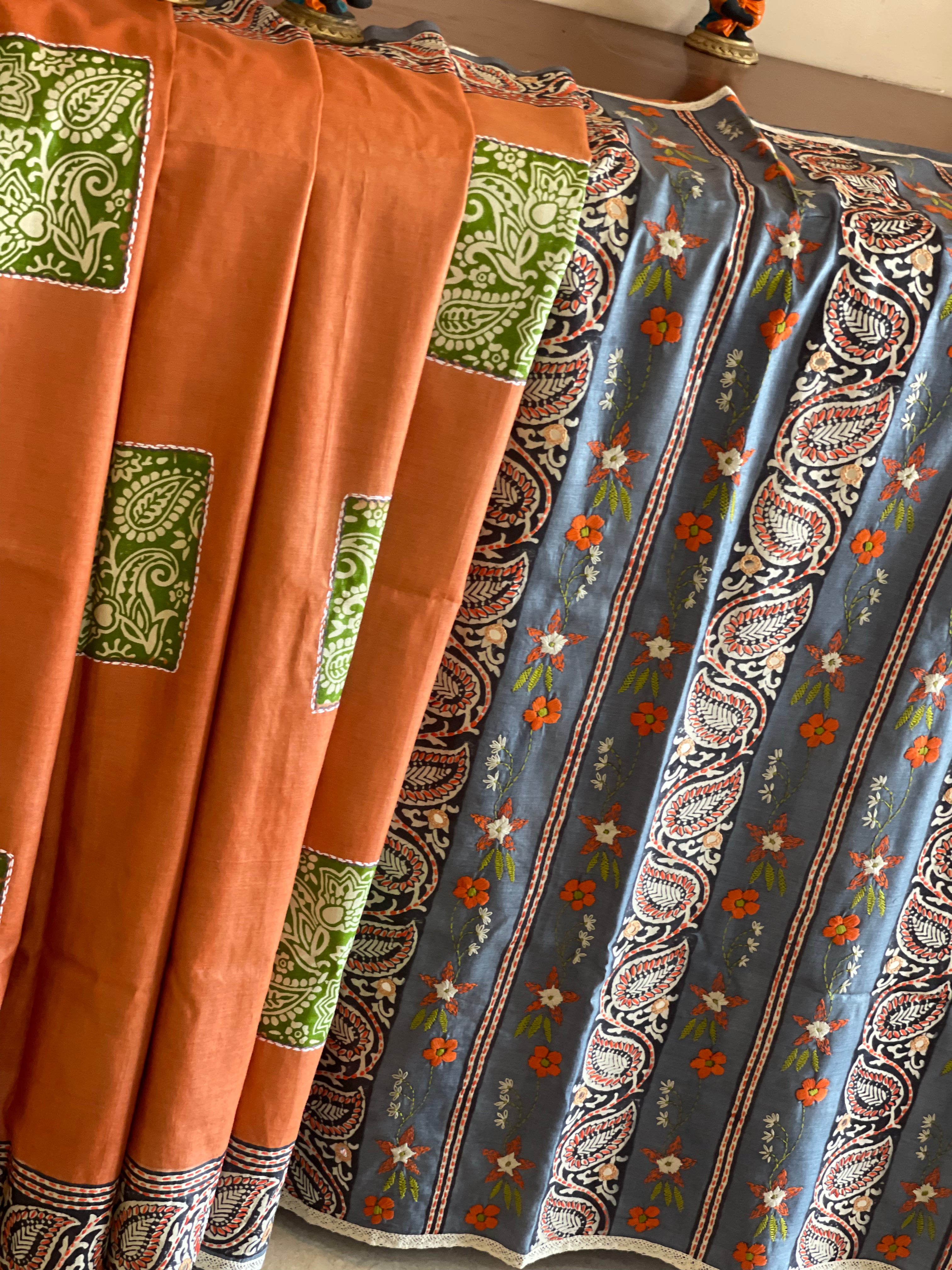 Handblock Printed Tussar Silk Saree With Crochet Border And Pallu