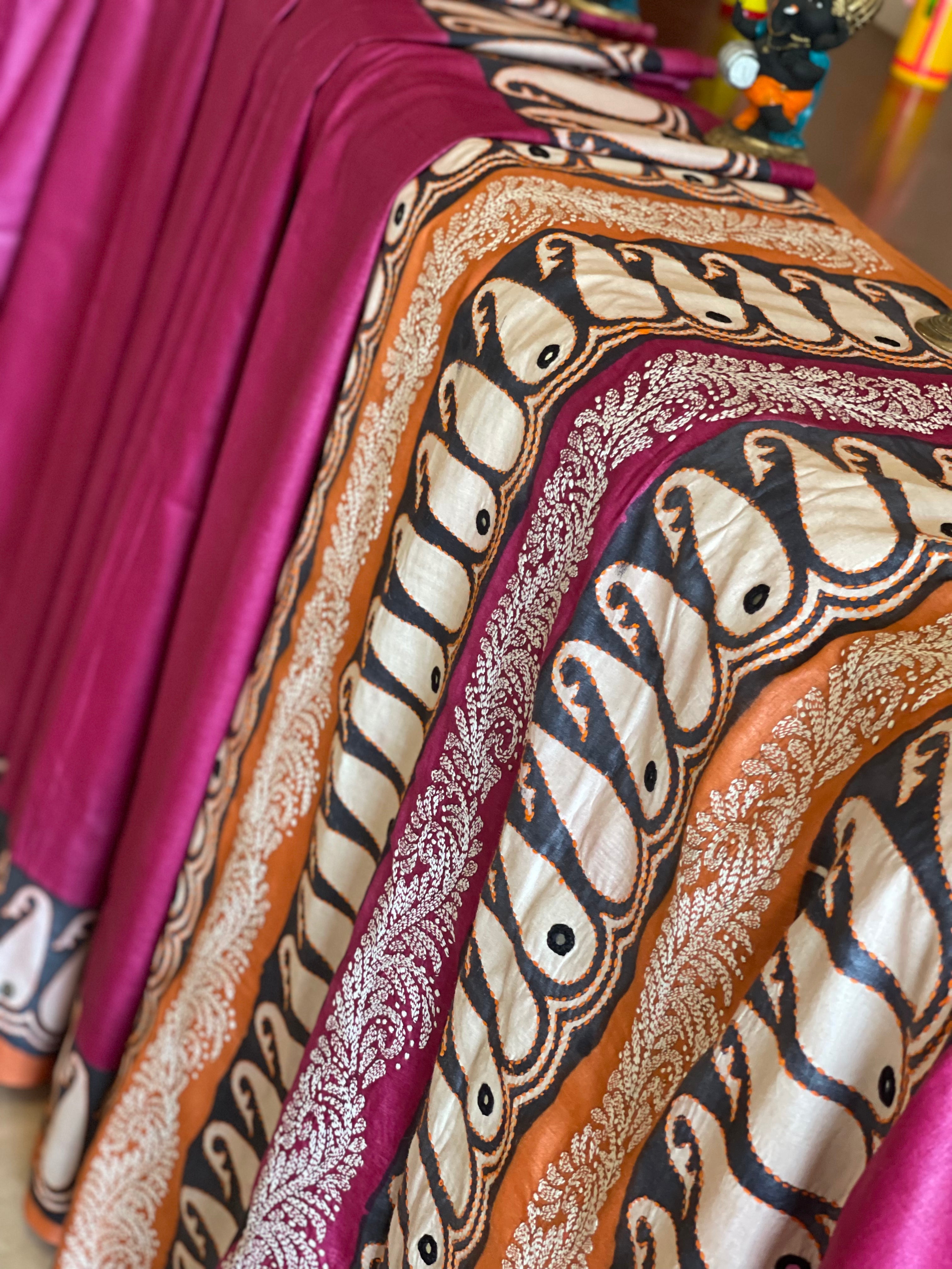 Handblock Printed Tussar Silk Saree With Crochet Border And Pall
