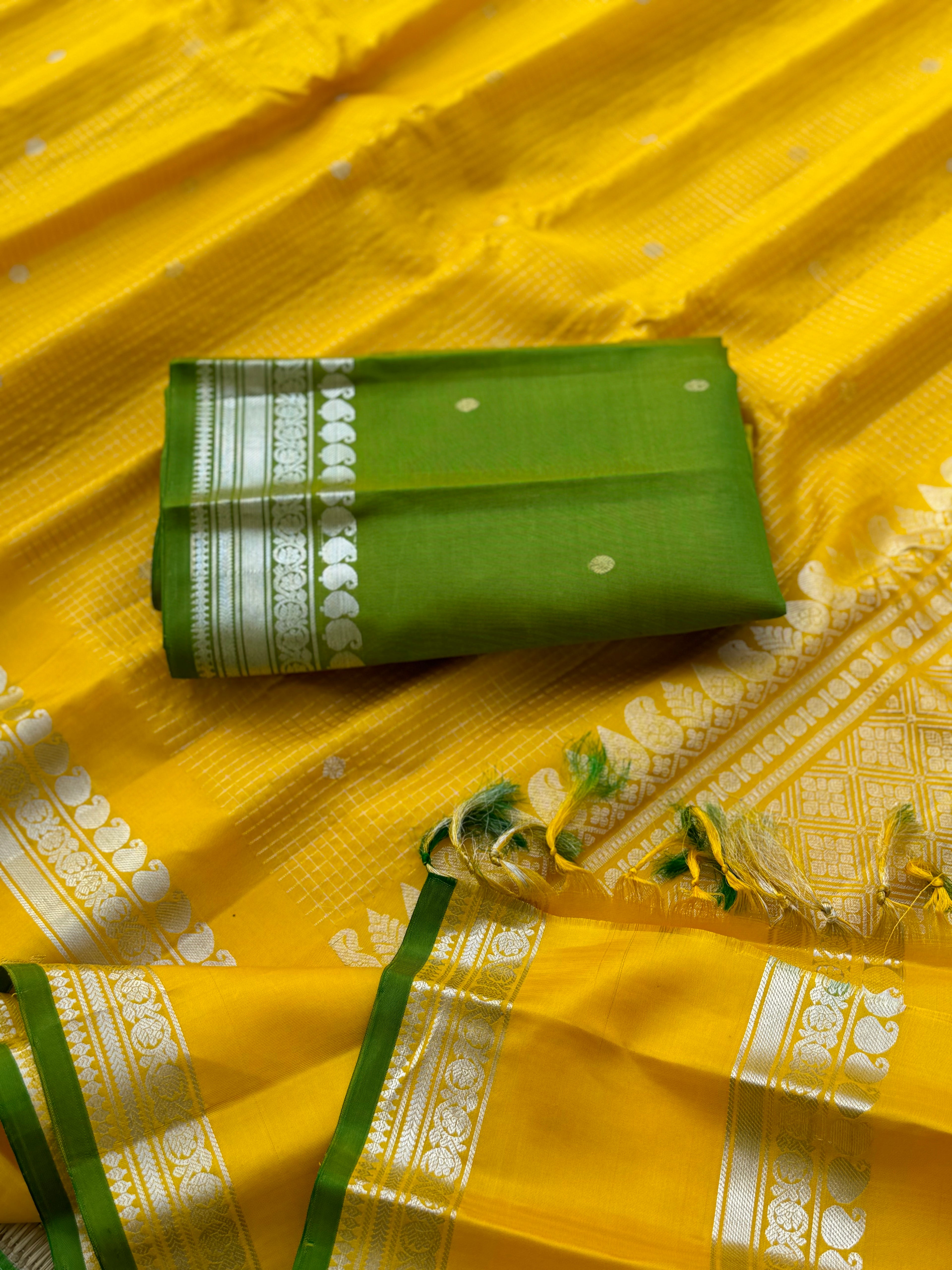 The complete handwoven lemon yellow silver zari checks pure gadwal silk saree