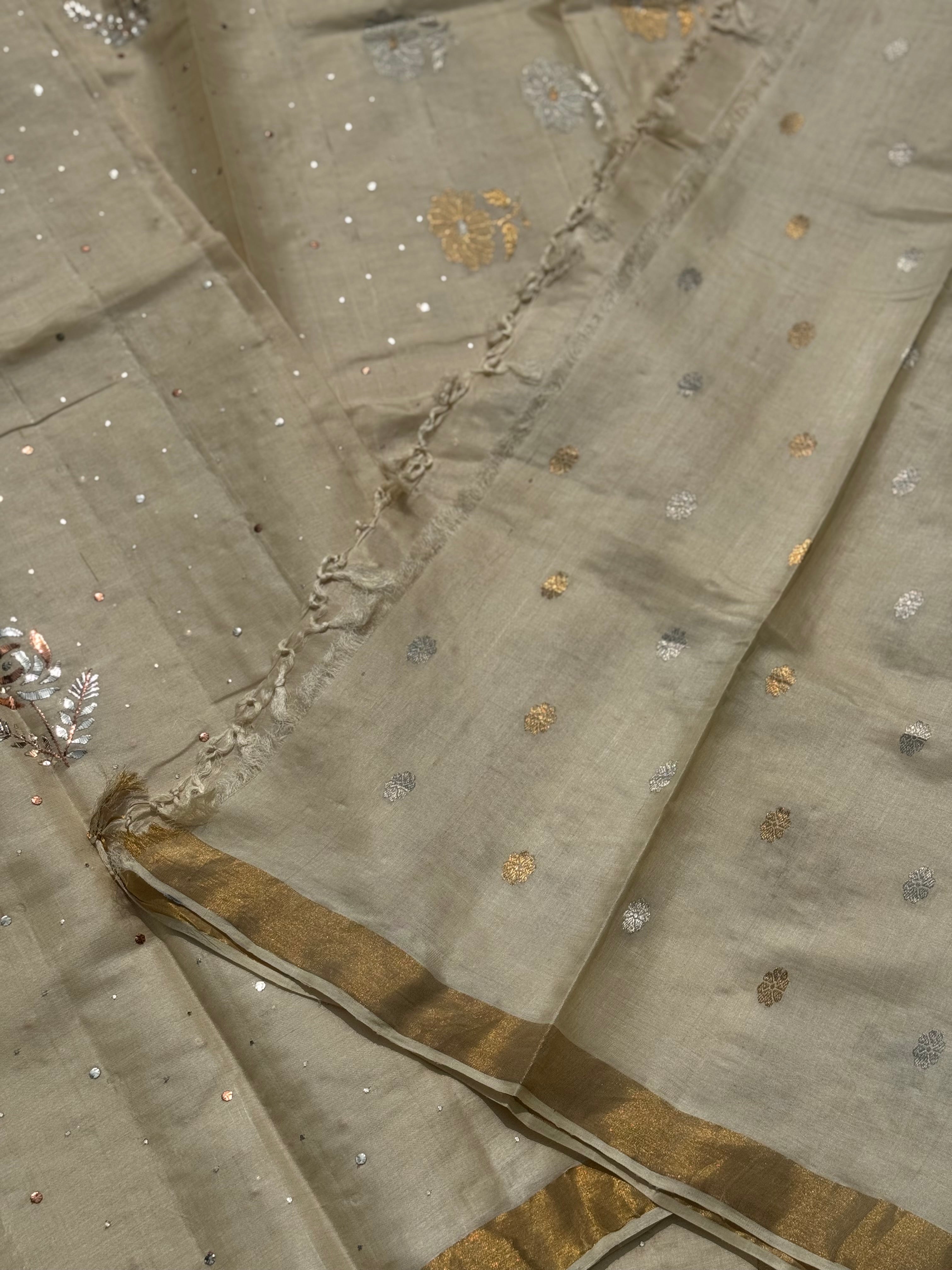 Stunner mukesh badla work tussar by mulberry silk saree with jacquard weave florals on pallu