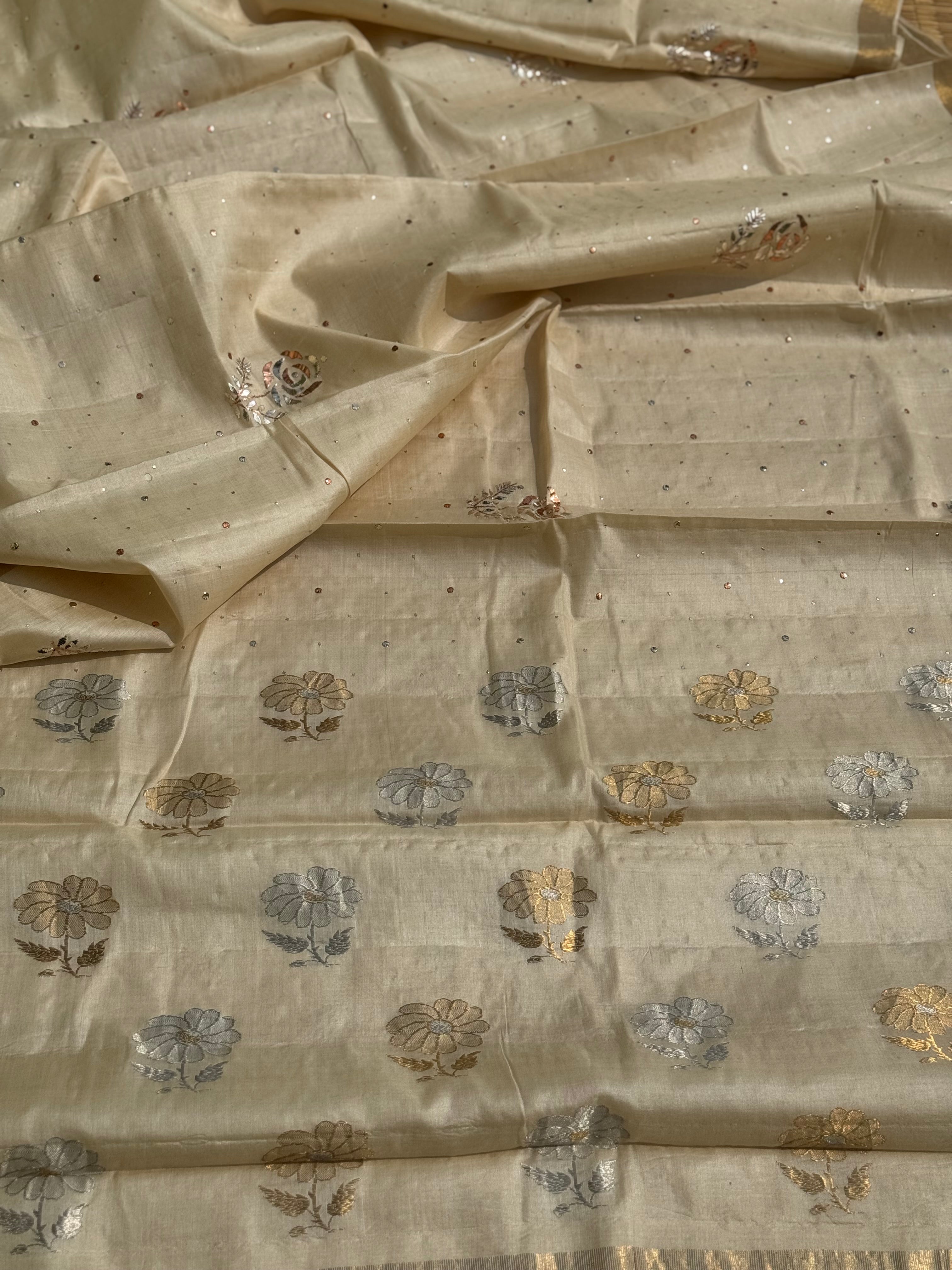 Stunner mukesh badla work tussar by mulberry silk saree with jacquard weave florals on pallu