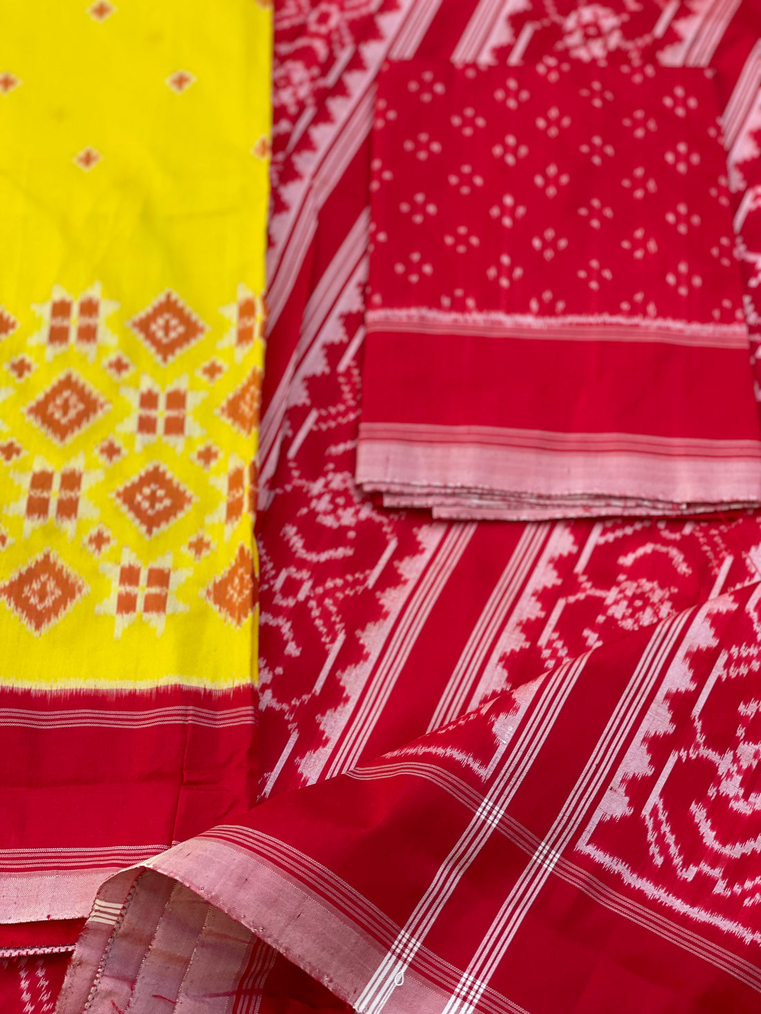 A Contemporary in Telia Rumal Inspired silk ikkat saree in yellow red