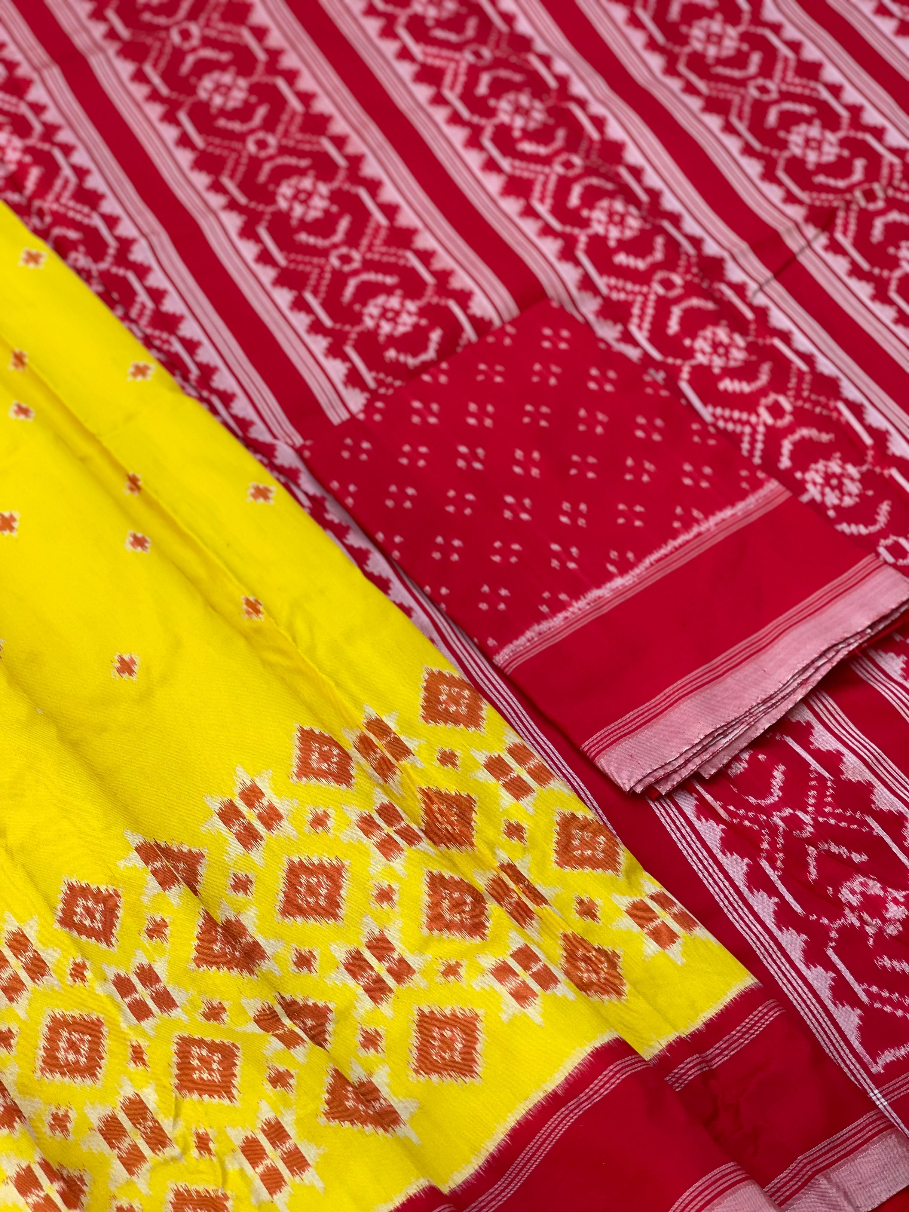 A Contemporary in Telia Rumal Inspired silk ikkat saree in yellow red