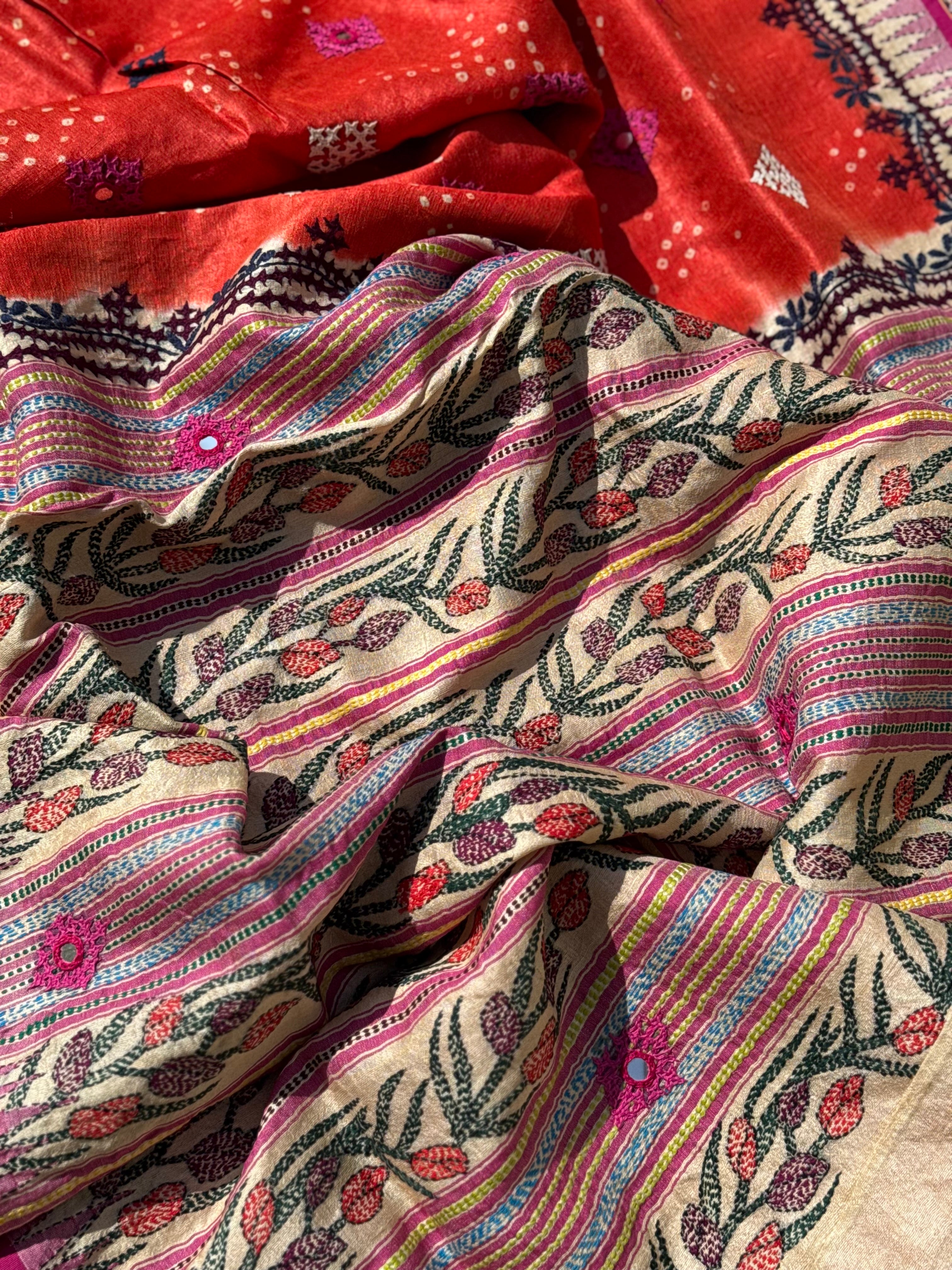 Vidharbha tussar silk saree with handknotted Bhandej and kutch mirror work