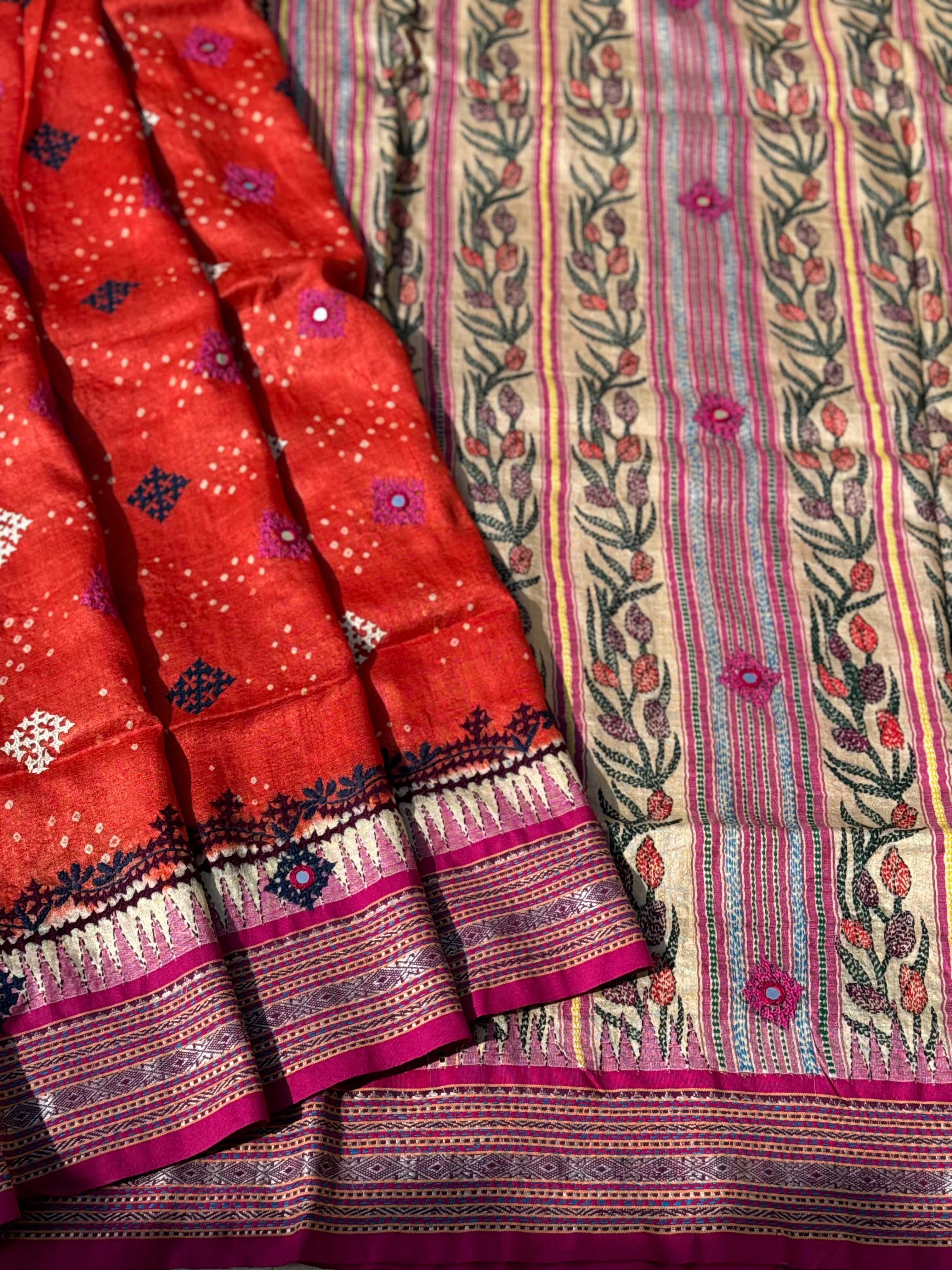 Vidharbha tussar silk saree with handknotted Bhandej and kutch mirror work
