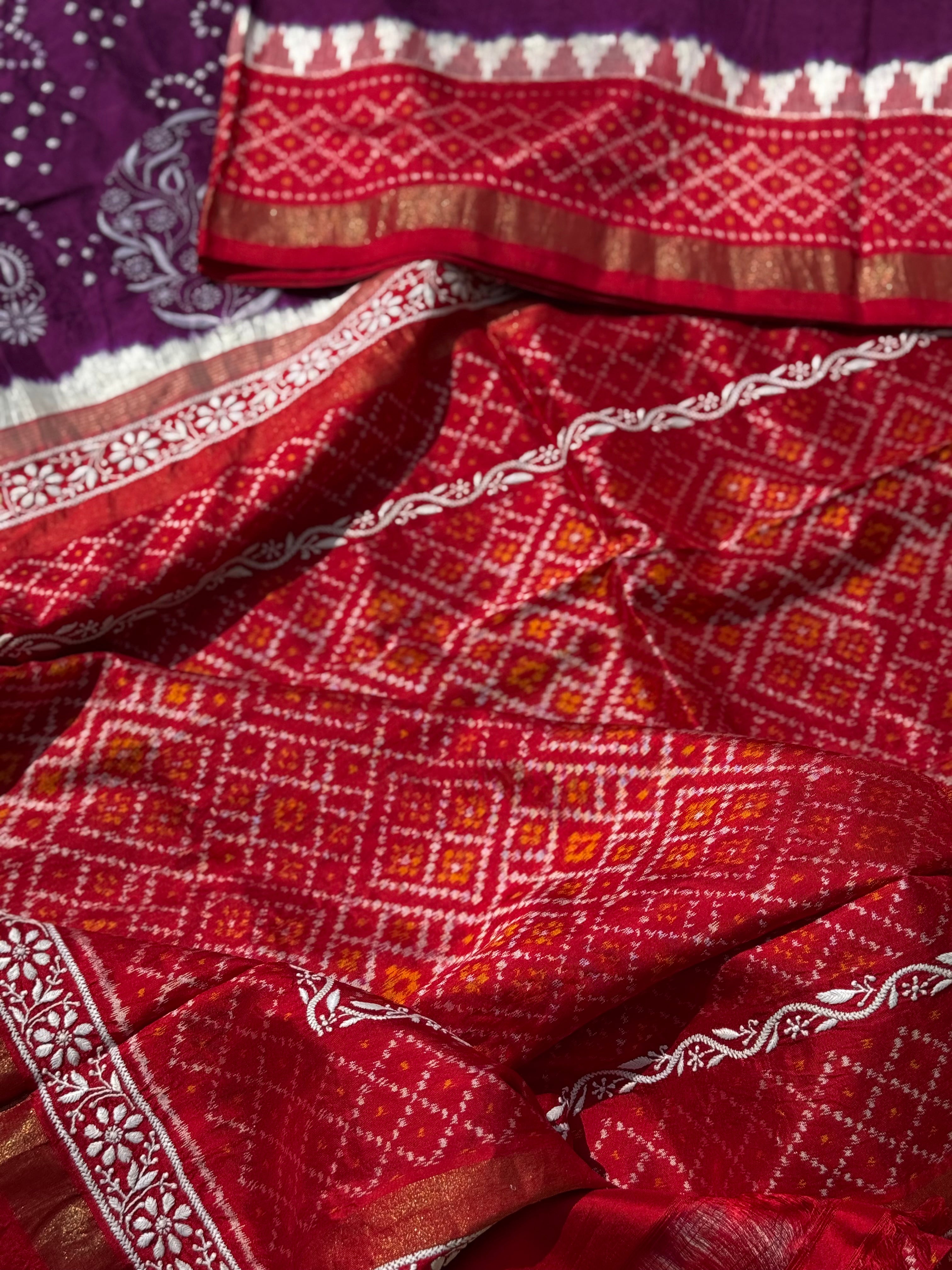 Fusion Rai Bhandej on ikkat silk with hand embroidery Chikankari work