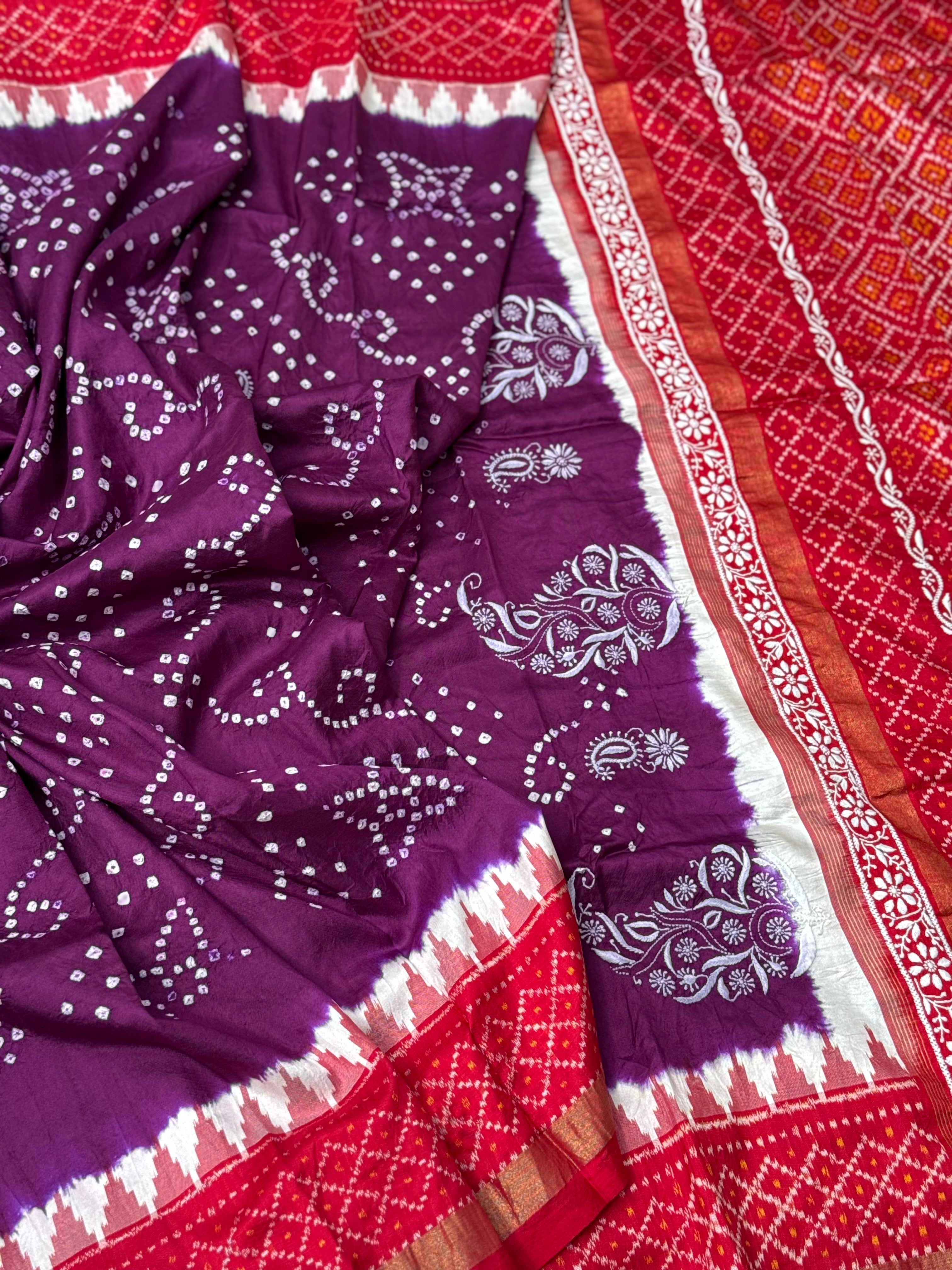 Fusion Rai Bhandej on ikkat silk with hand embroidery Chikankari work