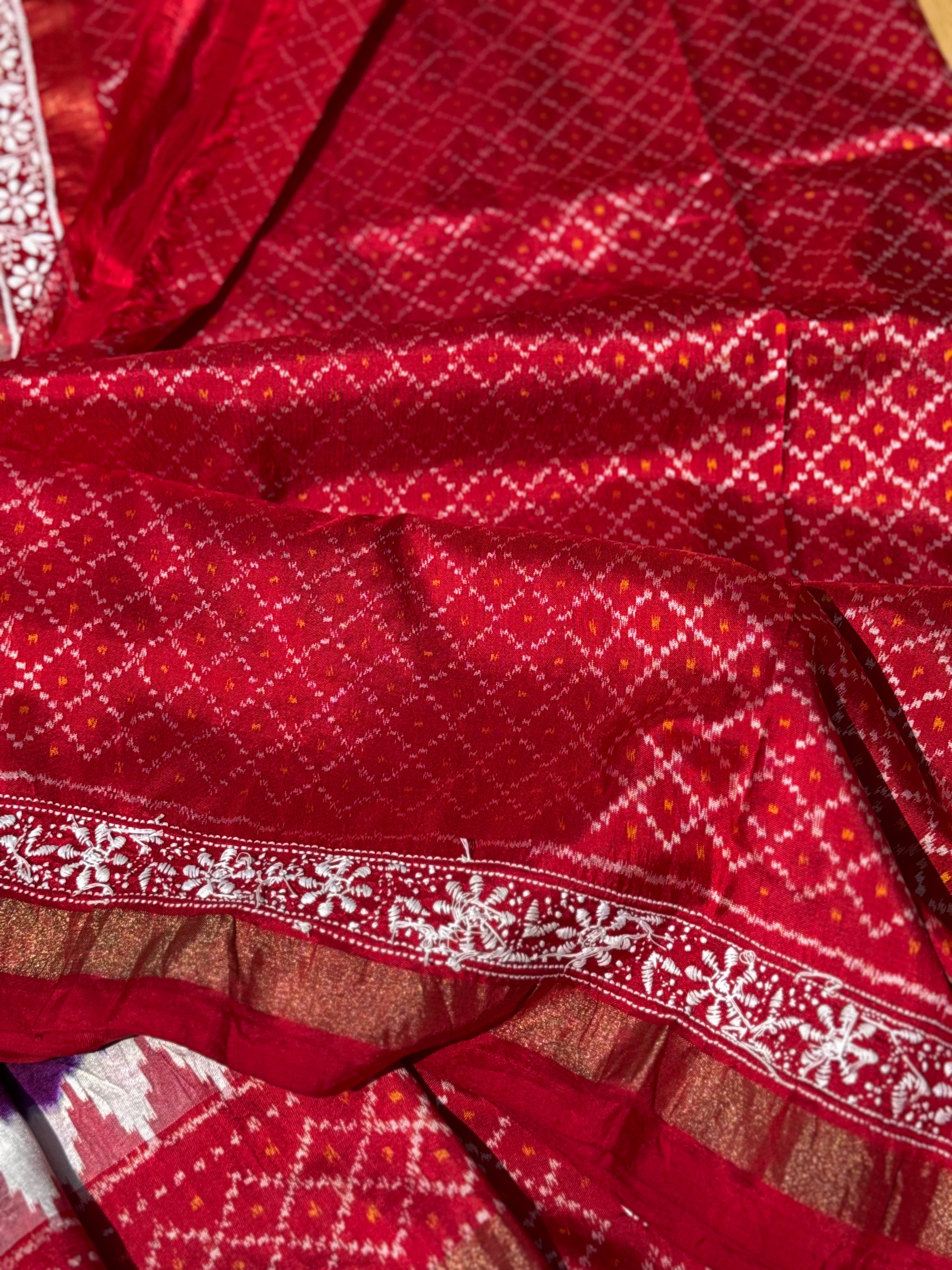 Fusion Rai Bhandej on ikkat silk with hand embroidery Chikankari work