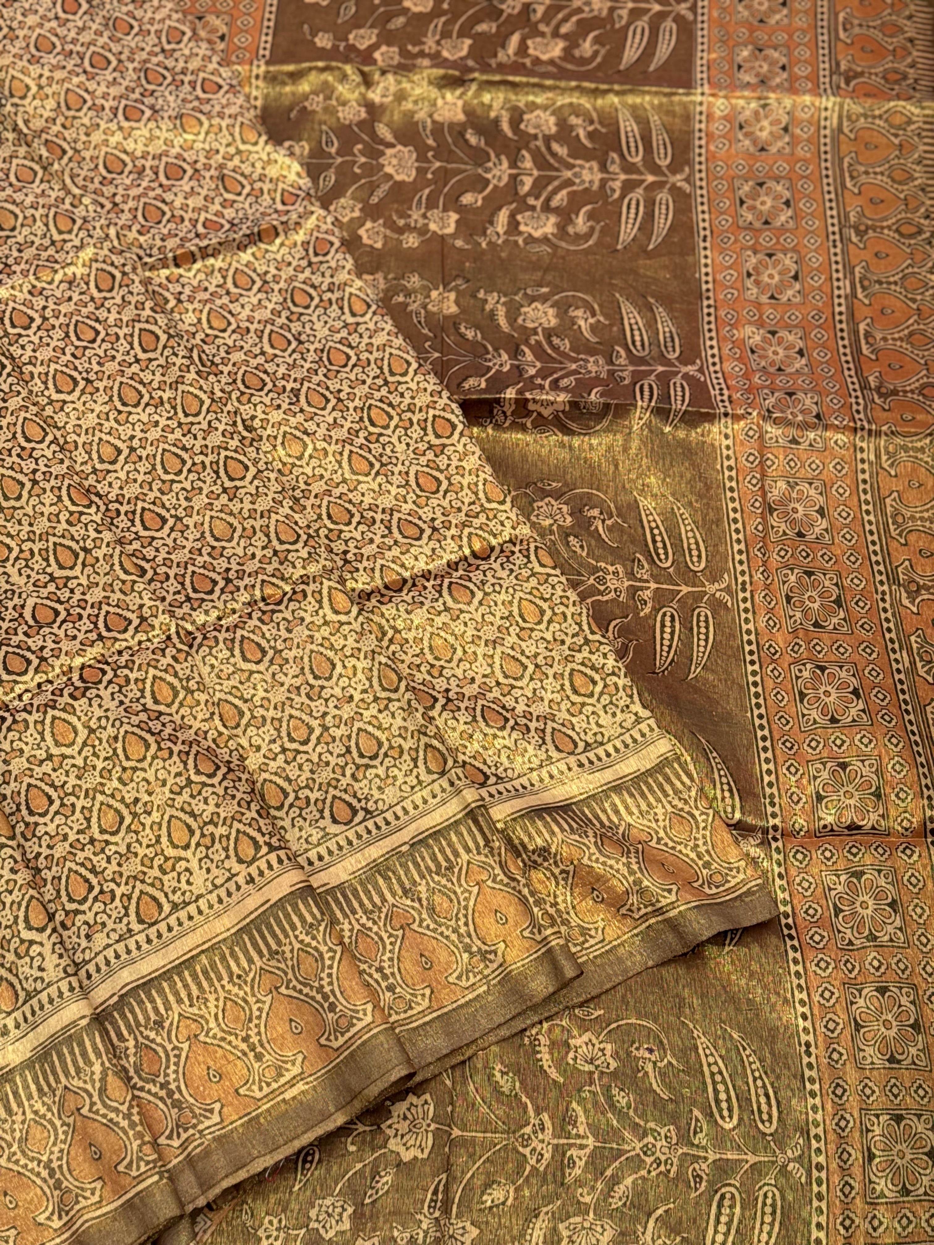EYARKAI - NATURAL DYE KODALIKARUPPUR BLOCK PRINTS ON TISSUE ZARI GROUNDED COTTON SAREE
