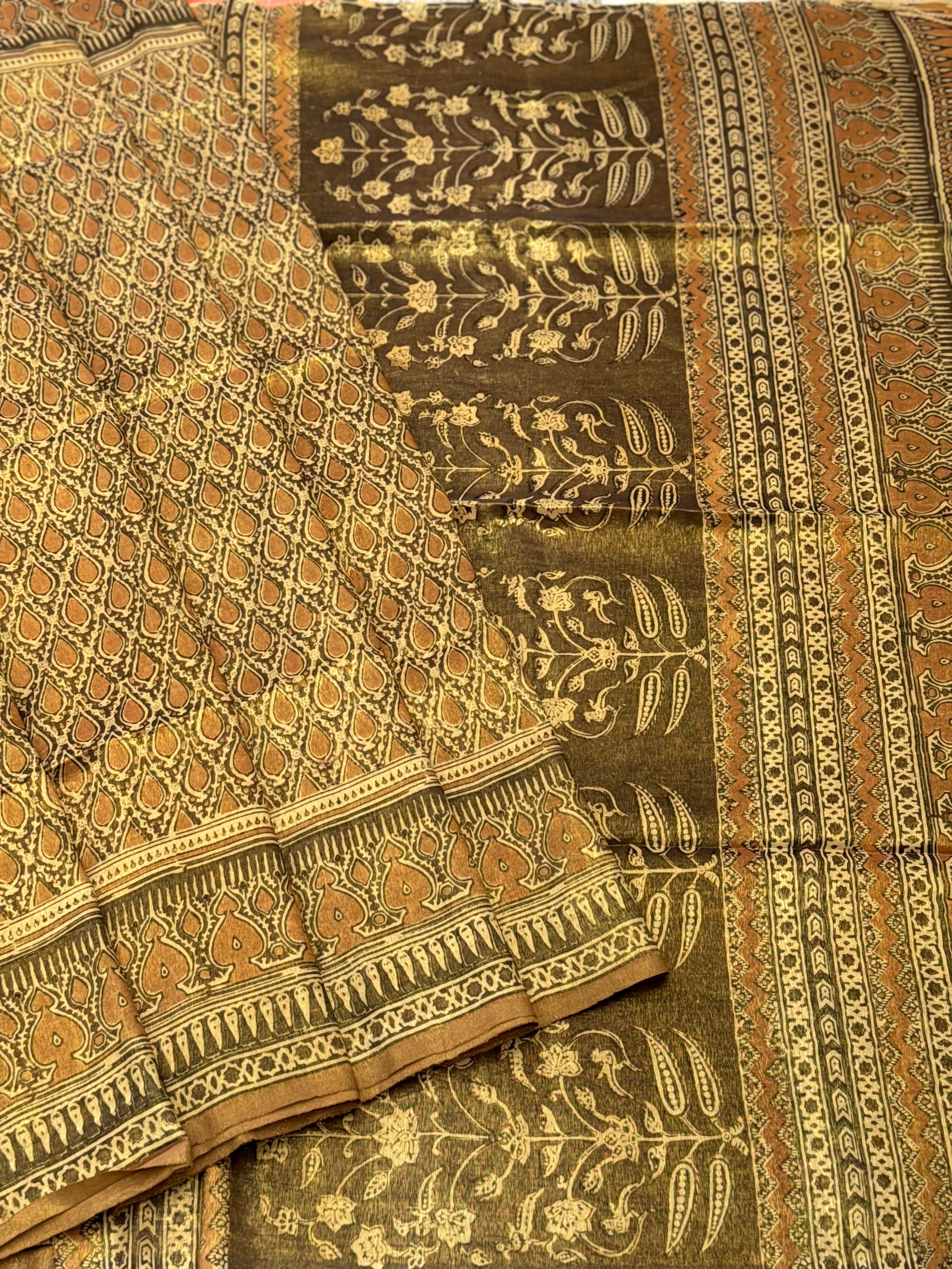 EYARKAI - NATURAL DYE KODALIKARUPPUR BLOCK PRINTS ON TISSUE ZARI GROUNDED COTTON SAREE