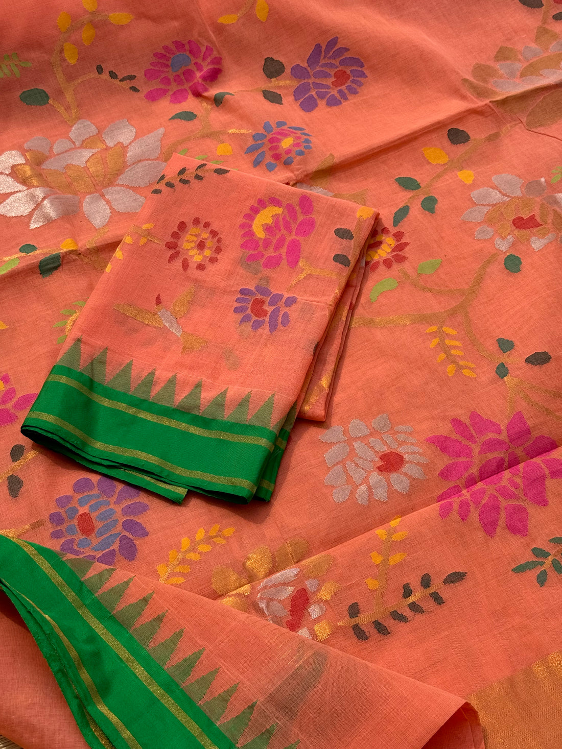 A gorgeous handspun ponduru khadhi jamdani cotton saree full jaal pallu and blouse