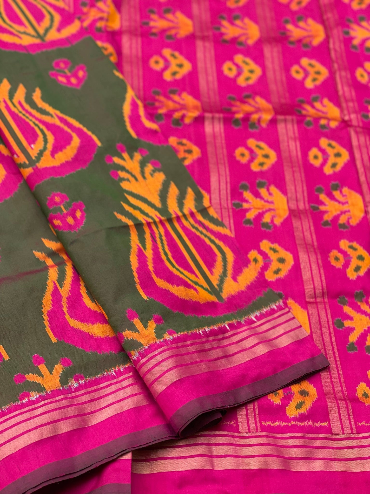 Designer Exclusive Vintage Uzbek Inspired Silk Ikkat With Tulip Motifs And Zari Pinstripe Saree