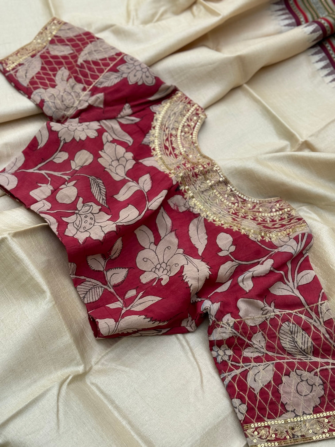 Deep burgundy shade handdrawn hand painted penkalamkari silk designer blouse