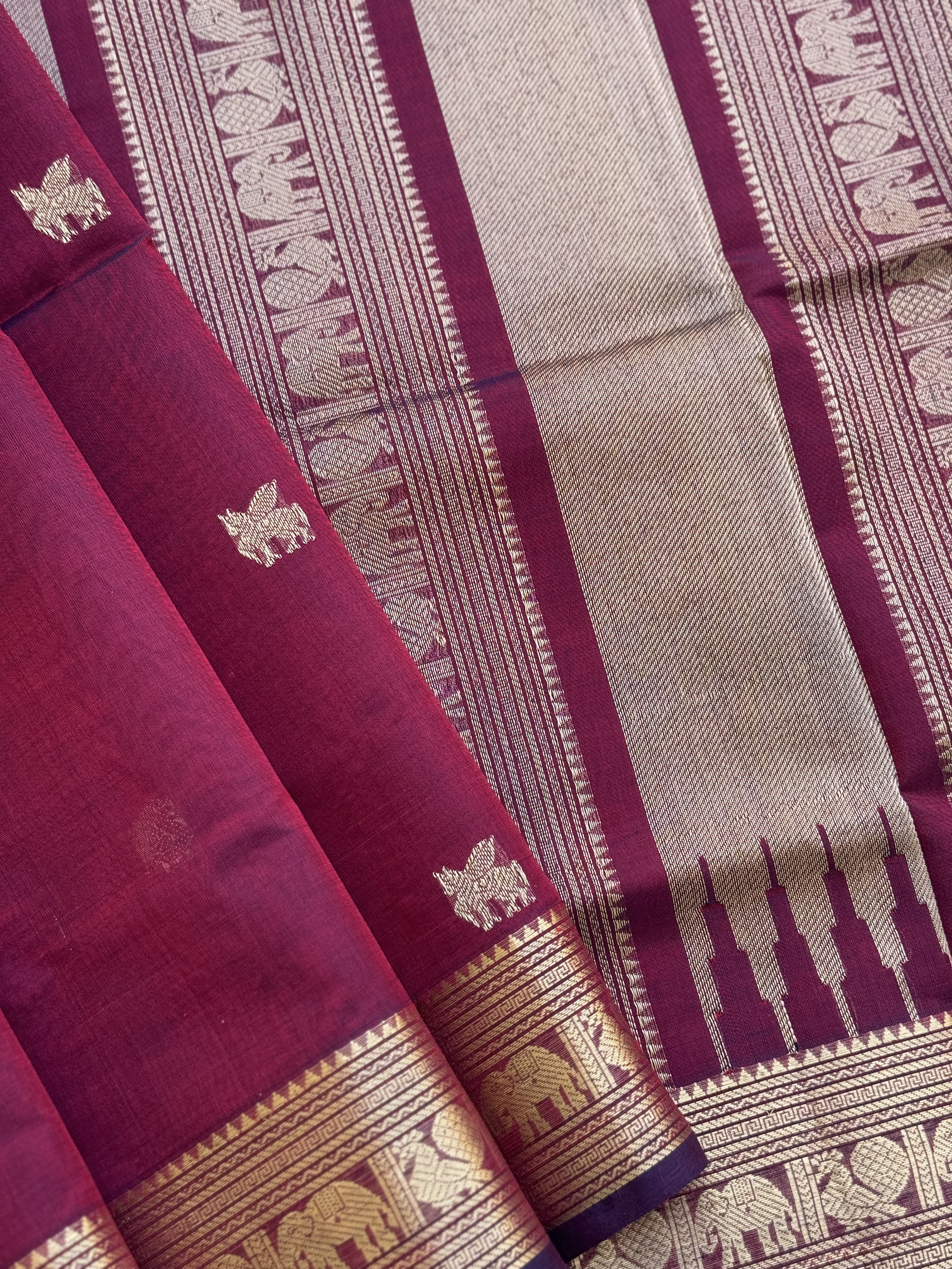 A beautiful burgundy shade kanchi silk cotton saree