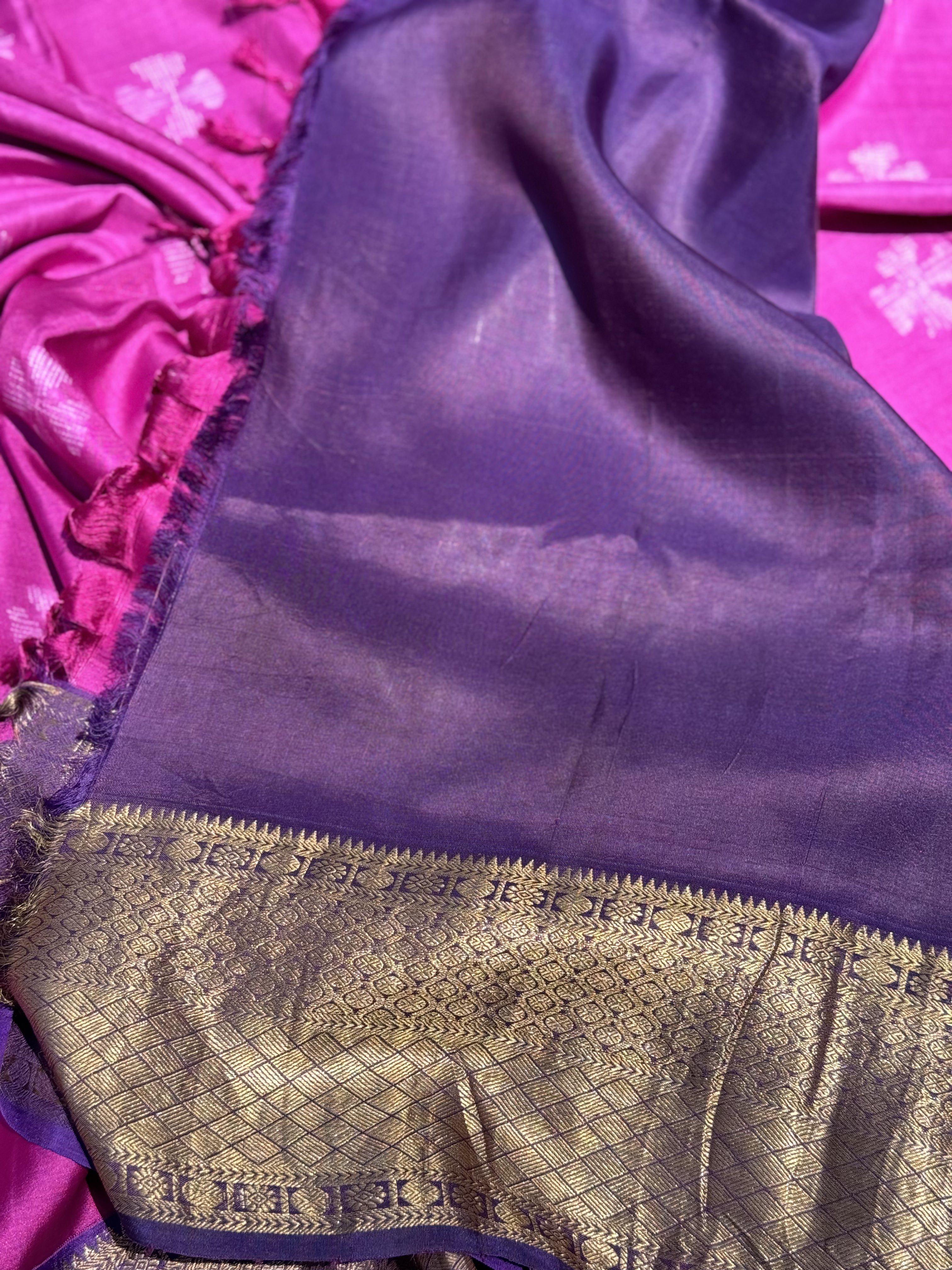 Amaranth pink shade NUI Shibori korvai kanchivaram silk saree