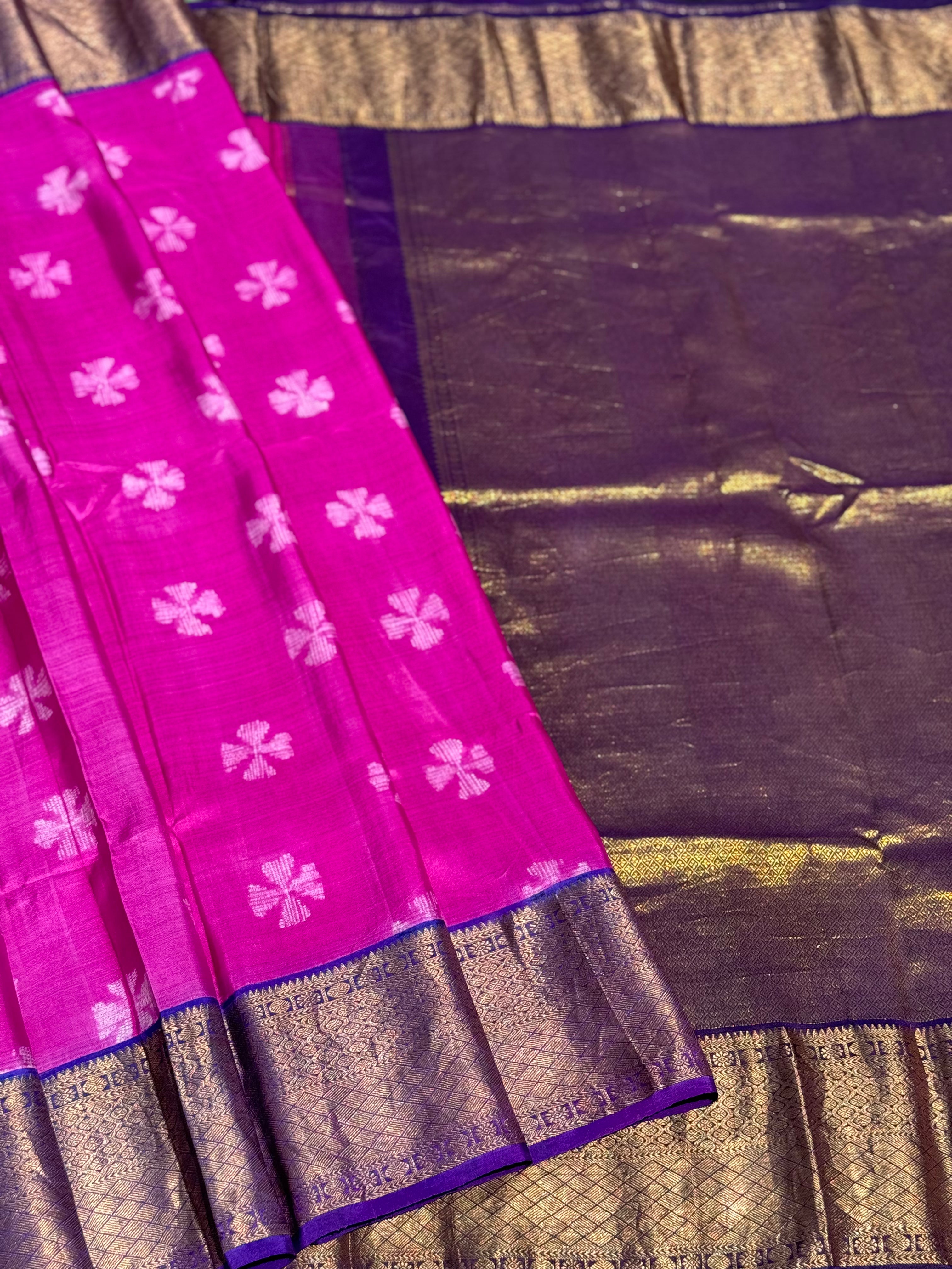 Amaranth pink shade NUI Shibori korvai kanchivaram silk saree
