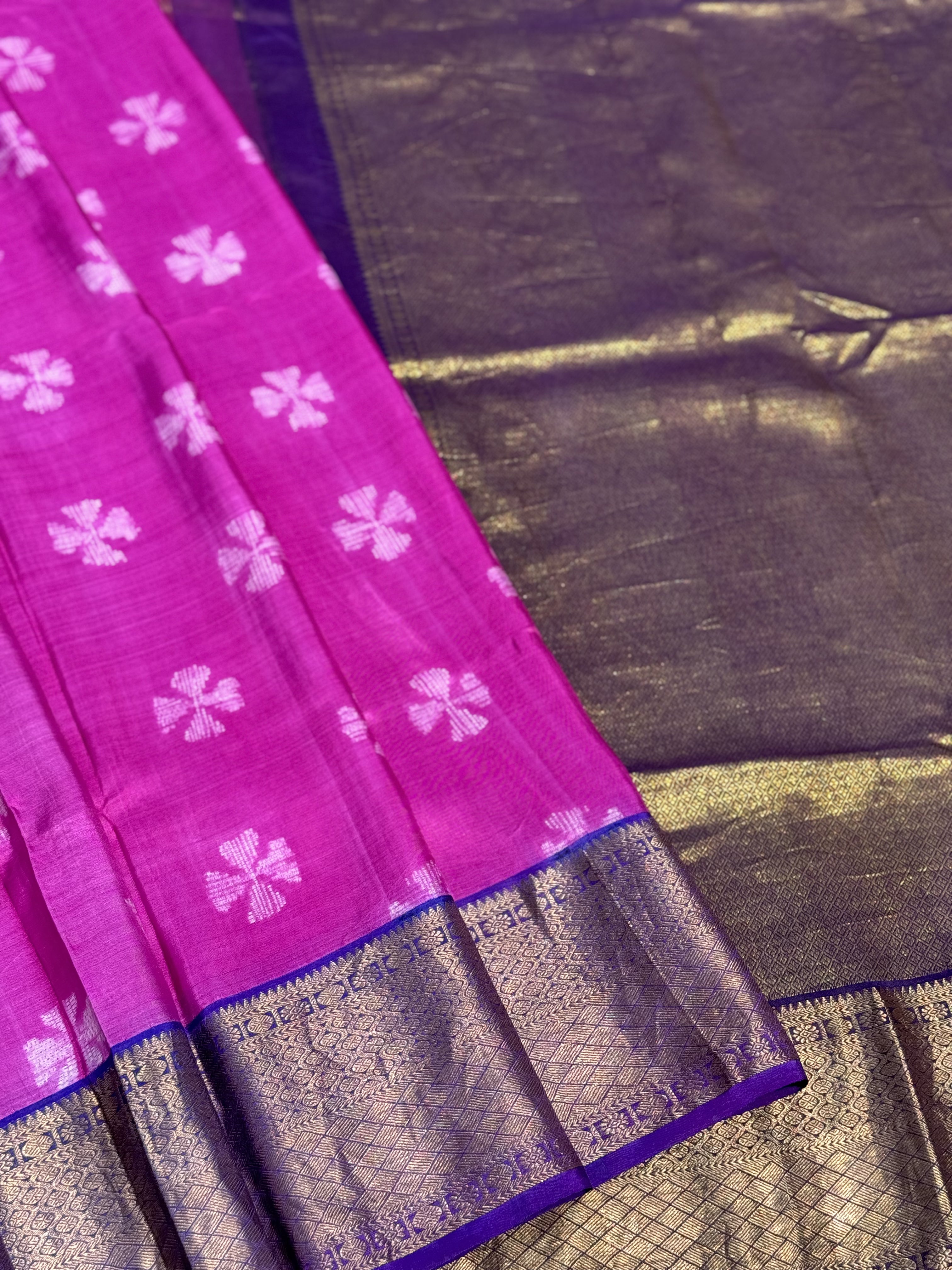 Amaranth pink shade NUI Shibori korvai kanchivaram silk saree