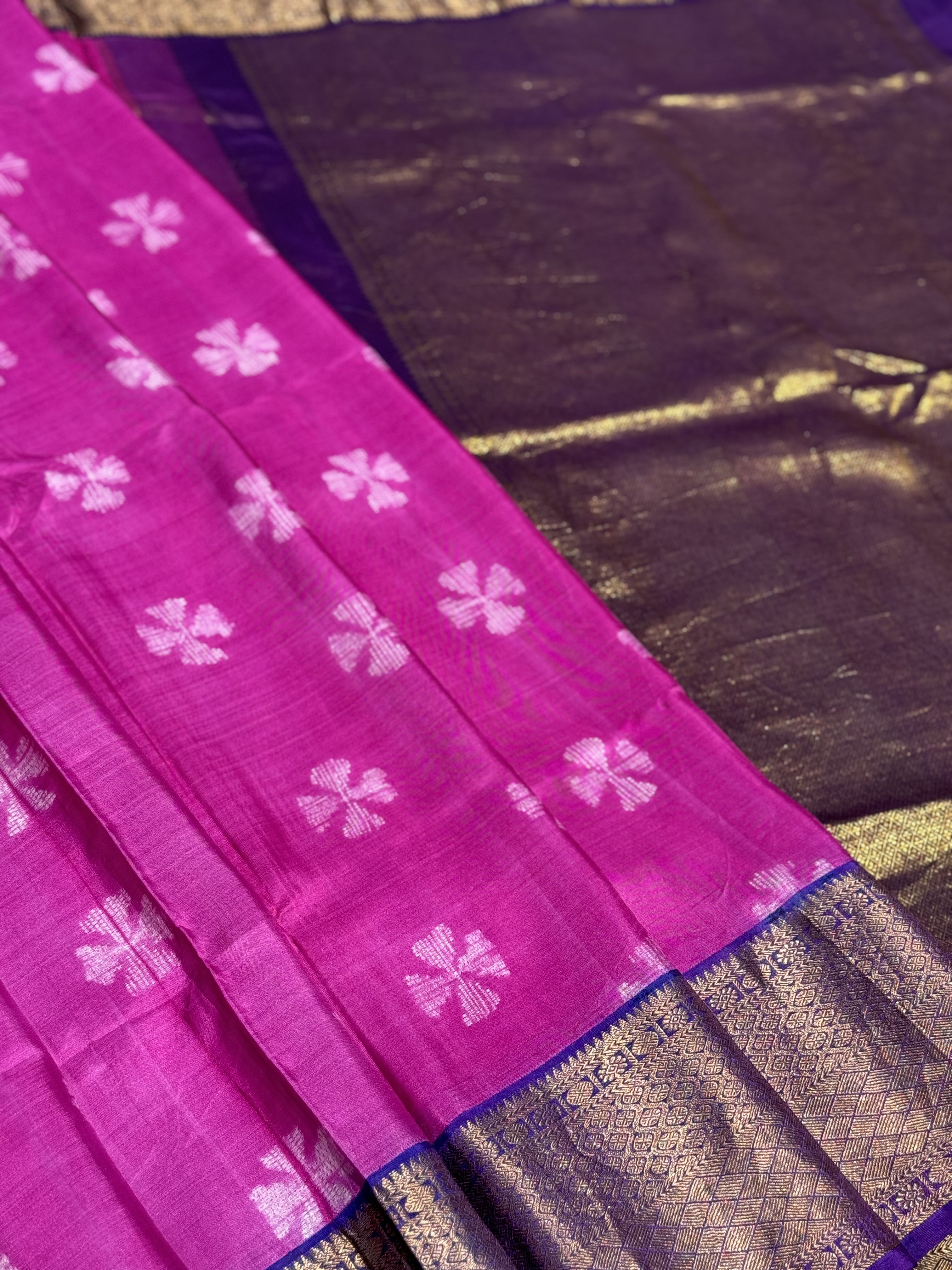 Amaranth pink shade NUI Shibori korvai kanchivaram silk saree