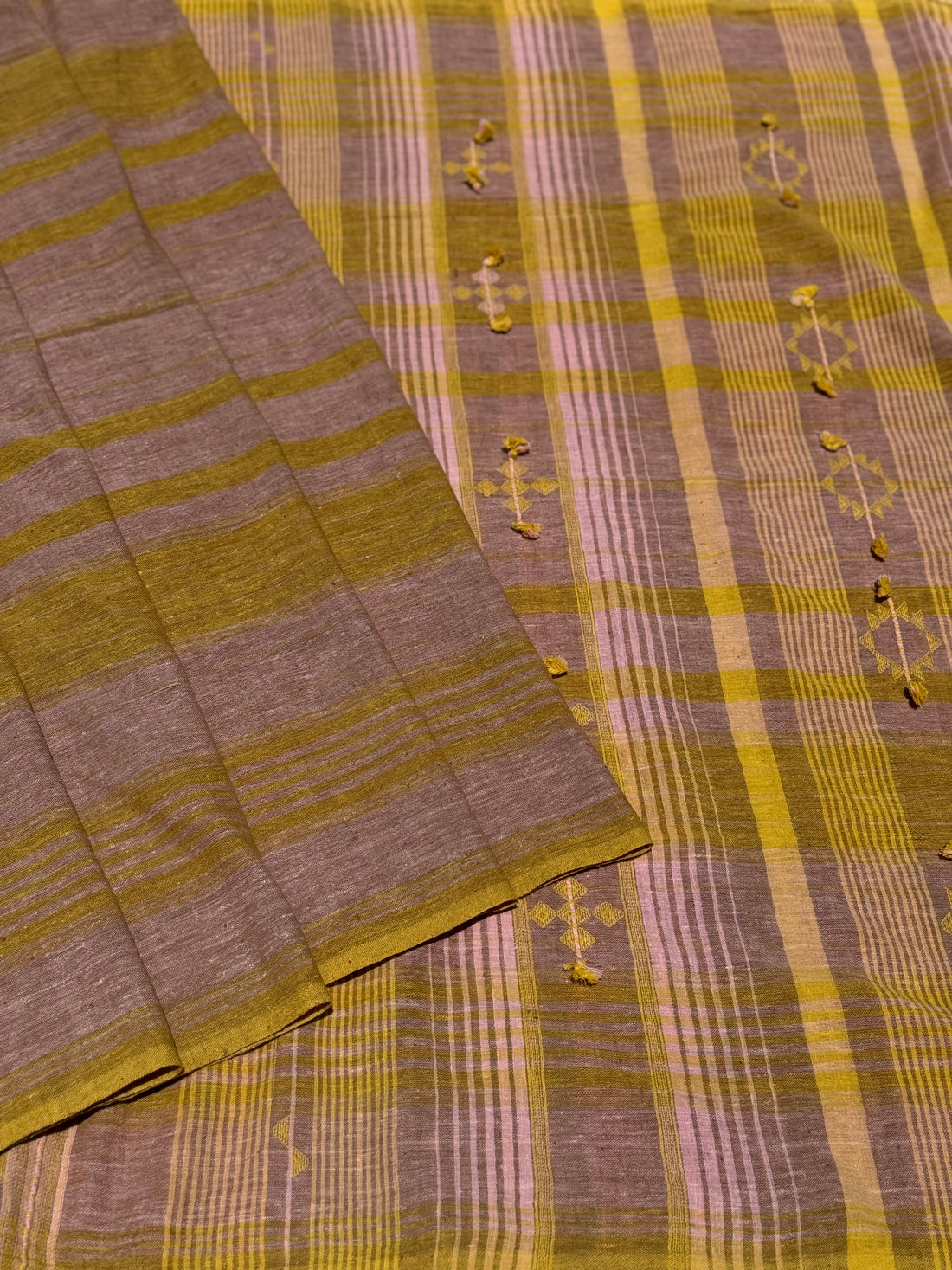Handwoven Kala cotton bhujodi saree mustard yellow with mauve