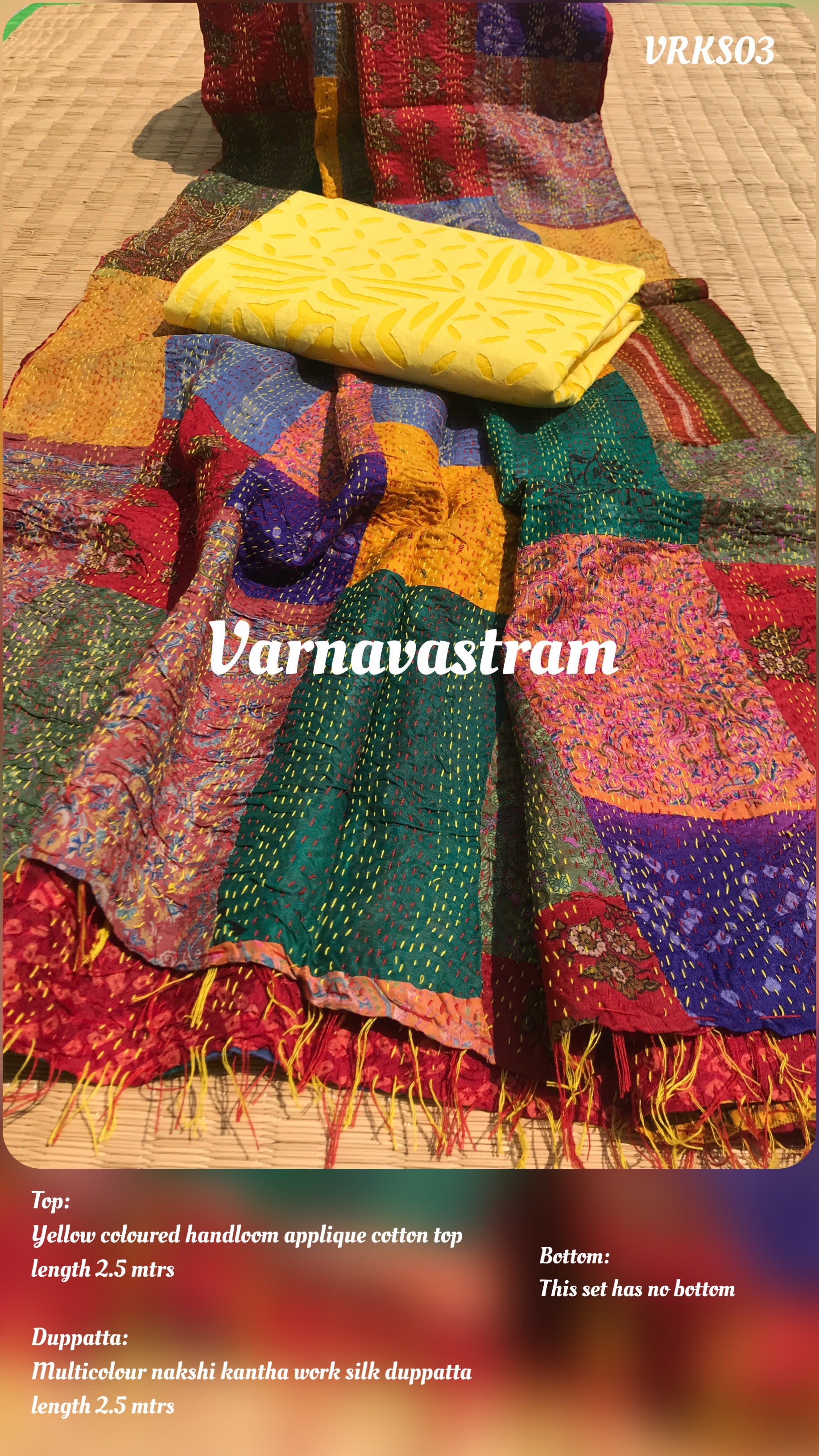 Multicolour Kathawork Silk Duppatta With Appliqué Cotton Top Salwar suit