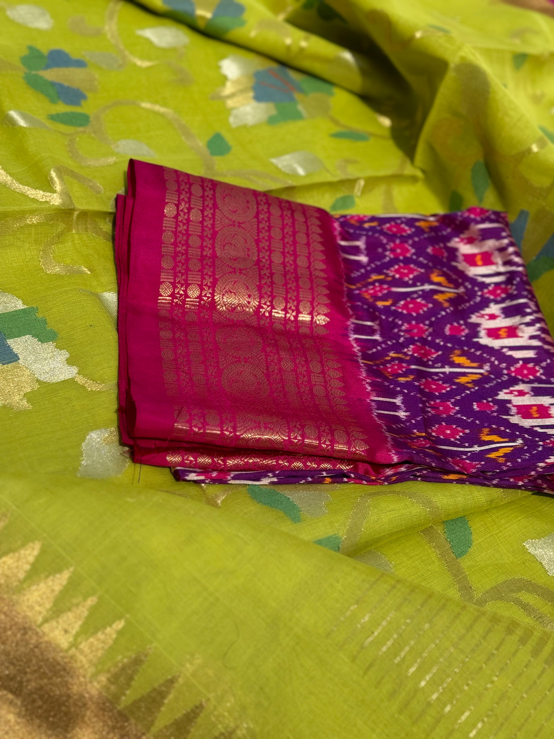 A gorgeous handspun ponduru Khadhi jamdani cotton saree in chartreuse green