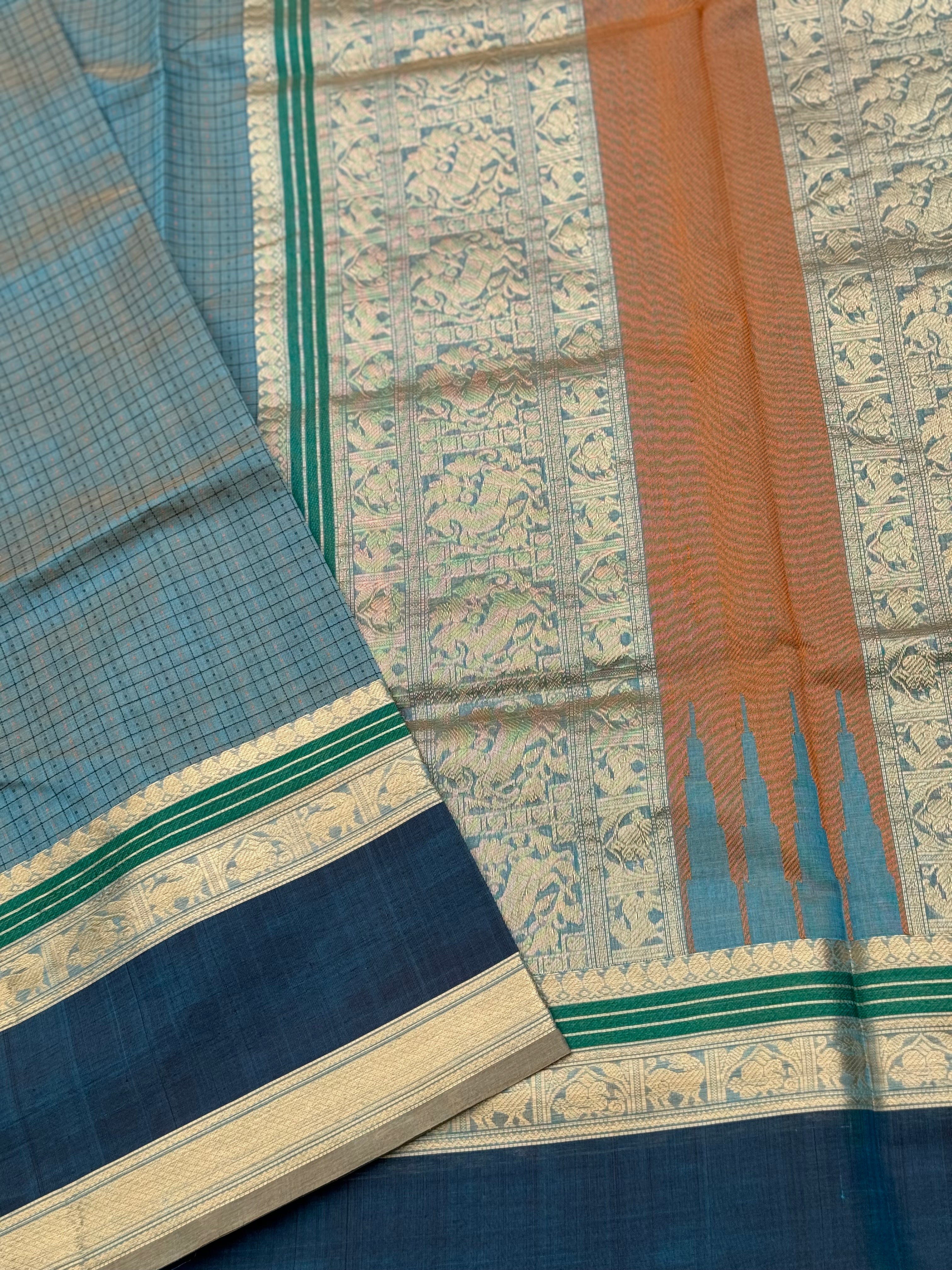 A gorgeous peacock blue shade handwoven lakshadeepam Kanchi silk cotton saree